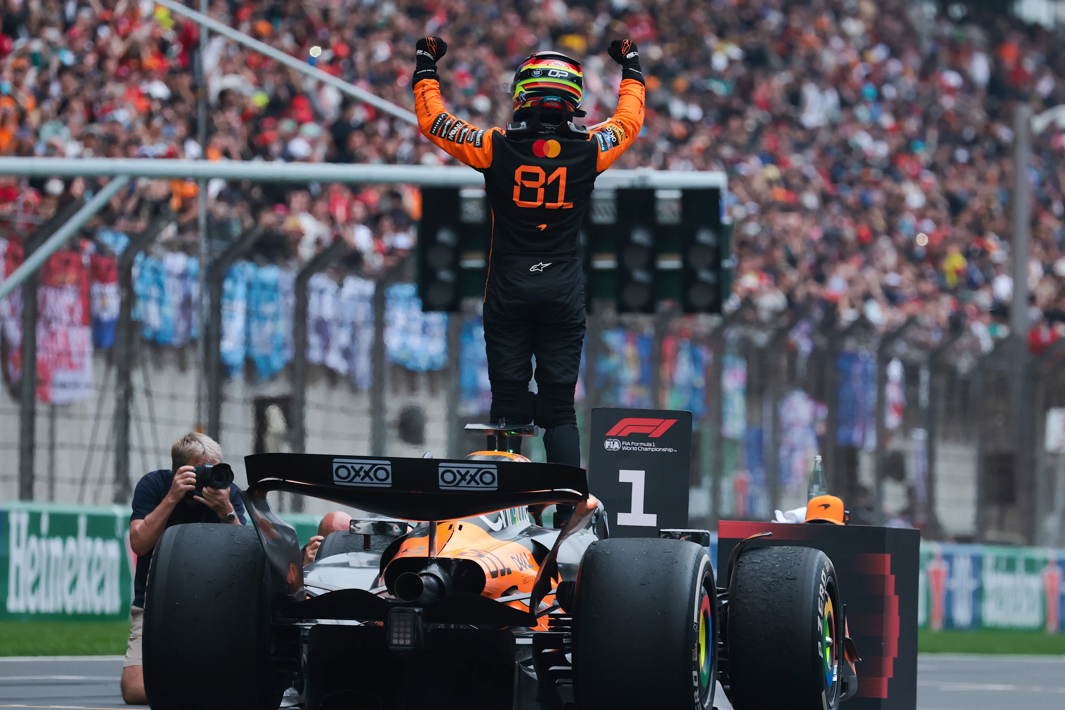 SHANGHAI, CHINA - MARCH 23: Race winner Oscar Piastri of Australia and McLaren celebrates in parc ferme during the F1 Grand Prix of China at Shanghai International Circuit on March 23, 2025 in Shanghai, China. (Photo by Mark Thompson/Getty Images)