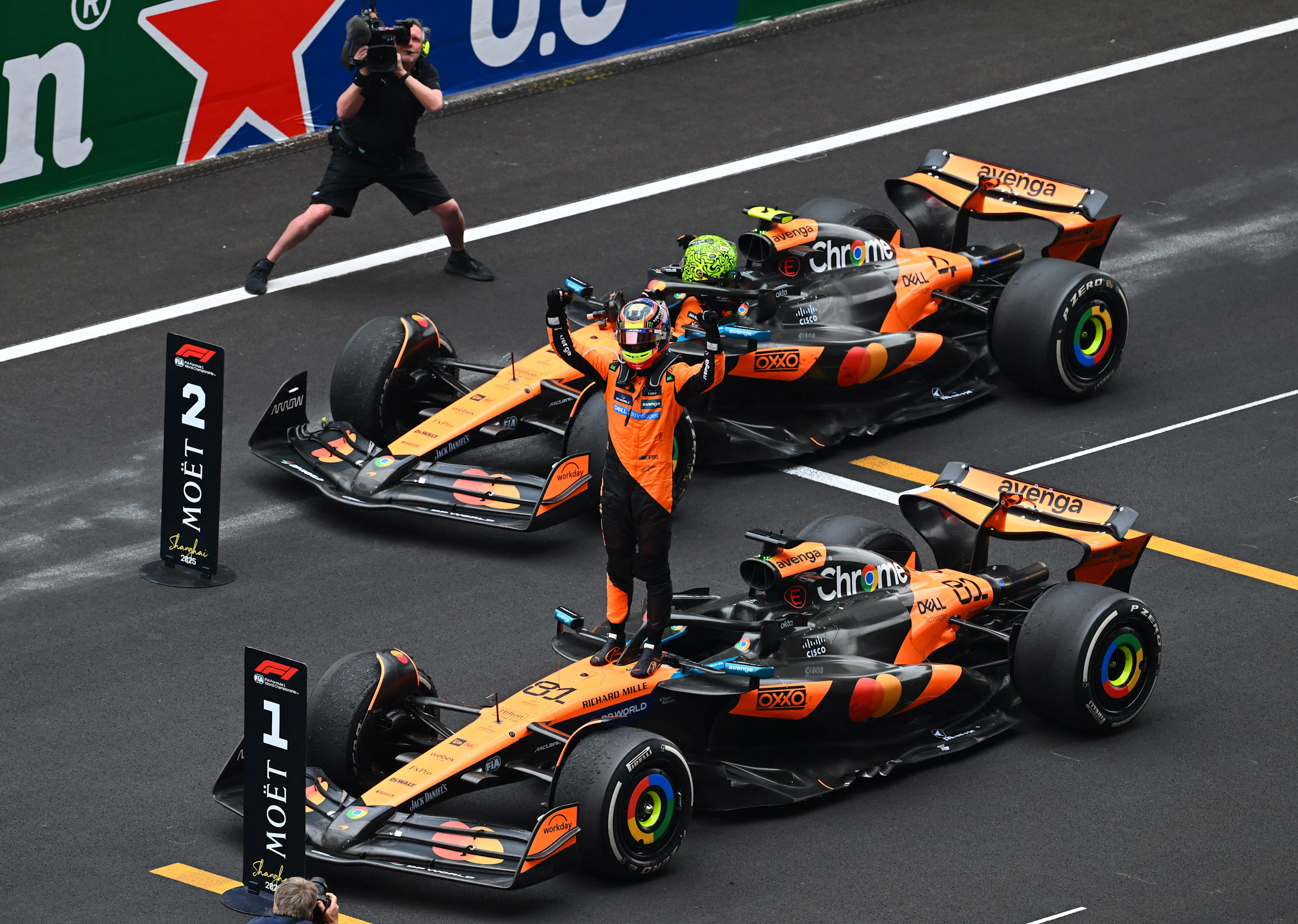 SHANGHAI, CHINA - MARCH 23: Race winner Oscar Piastri of Australia and McLaren celebrates on