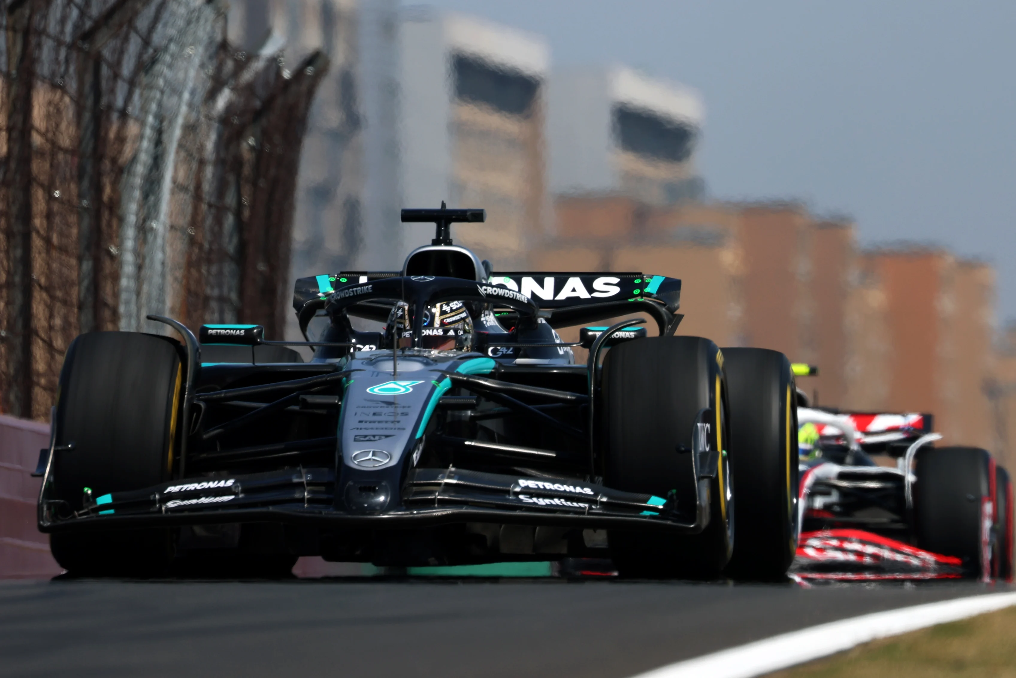 SHANGHAI, CHINA - MARCH 21: George Russell of Great Britain driving the (63) Mercedes AMG Petronas F1 Team W16 on track during practice ahead of the F1 Grand Prix of China at Shanghai International Circuit on March 21, 2025 in Shanghai, China. (Photo by Mark Thompson/Getty Images)