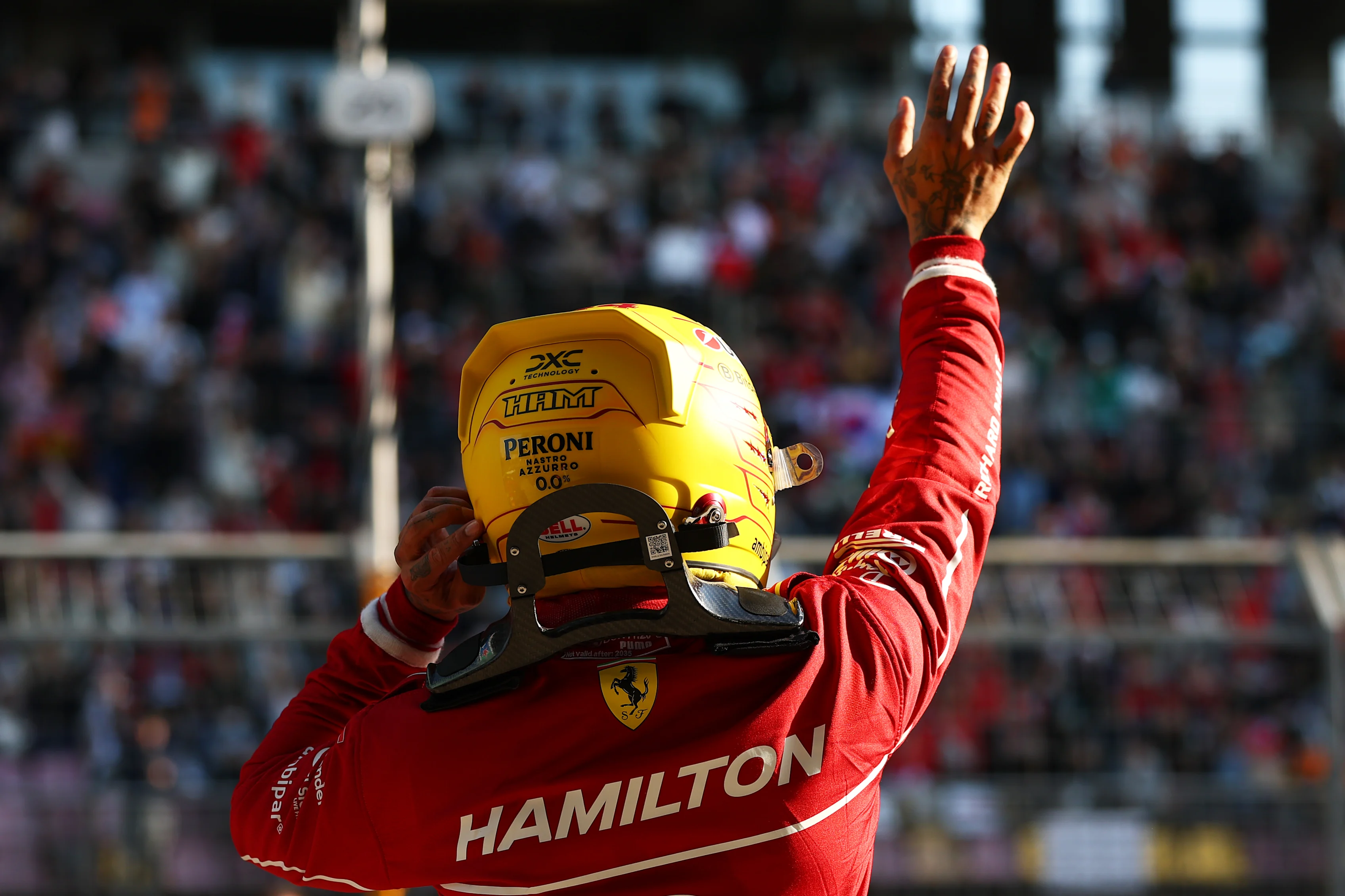 SHANGHAI, CHINA - MARCH 21: Sprint Pole qualifier Lewis Hamilton of Great Britain and Scuderia Ferrari celebrates in parc ferme during Sprint Qualifying ahead of the F1 Grand Prix of China at Shanghai International Circuit on March 21, 2025 in Shanghai, China. (Photo by Bryn Lennon - Formula 1/Formula 1 via Getty Images)