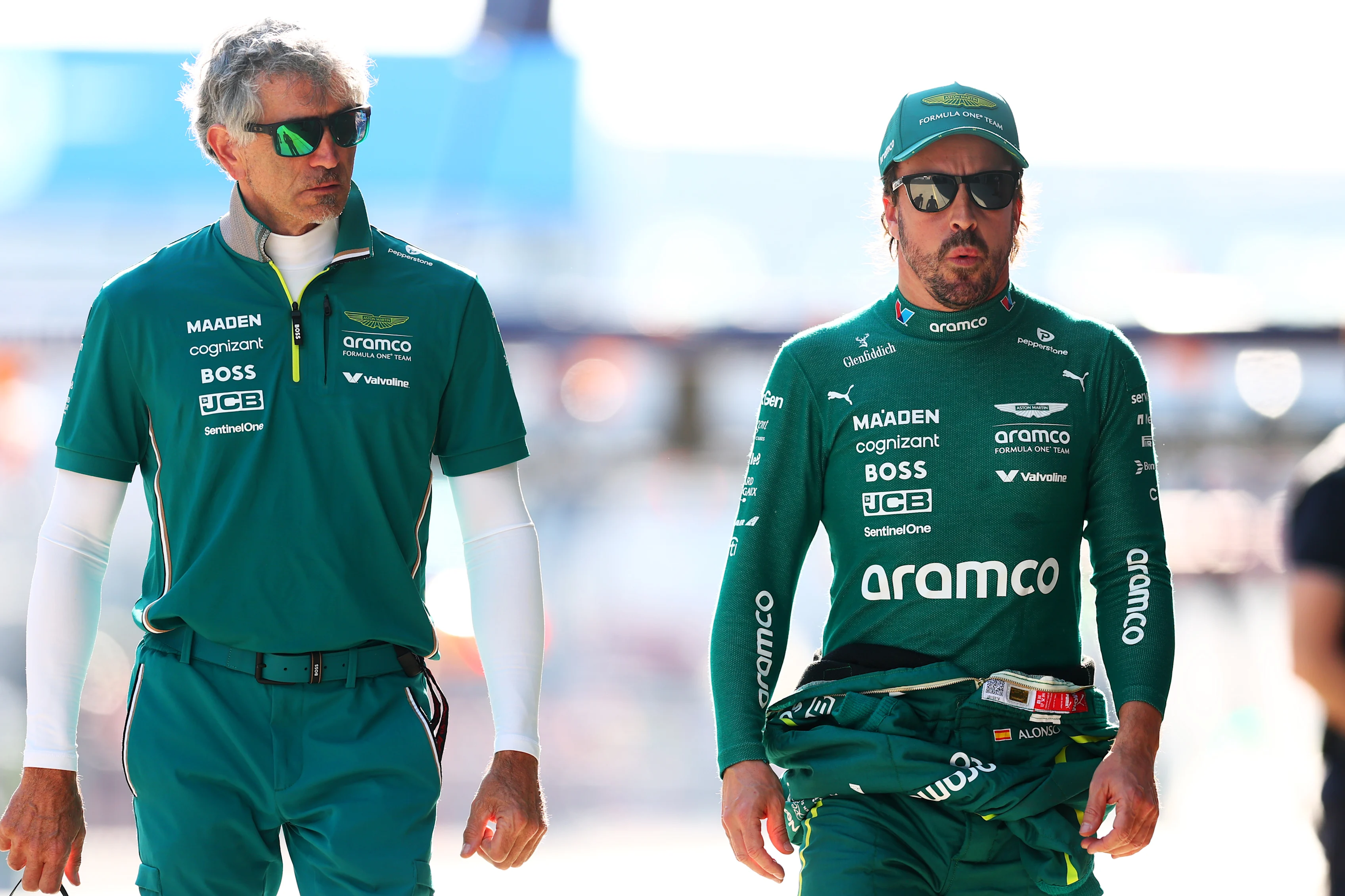 SHANGHAI, CHINA - MARCH 21: Fernando Alonso of Spain and Aston Martin F1 Team in the Pitlane during Sprint Qualifying ahead of the F1 Grand Prix of China at Shanghai International Circuit on March 21, 2025 in Shanghai, China. (Photo by Bryn Lennon - Formula 1/Formula 1 via Getty Images)