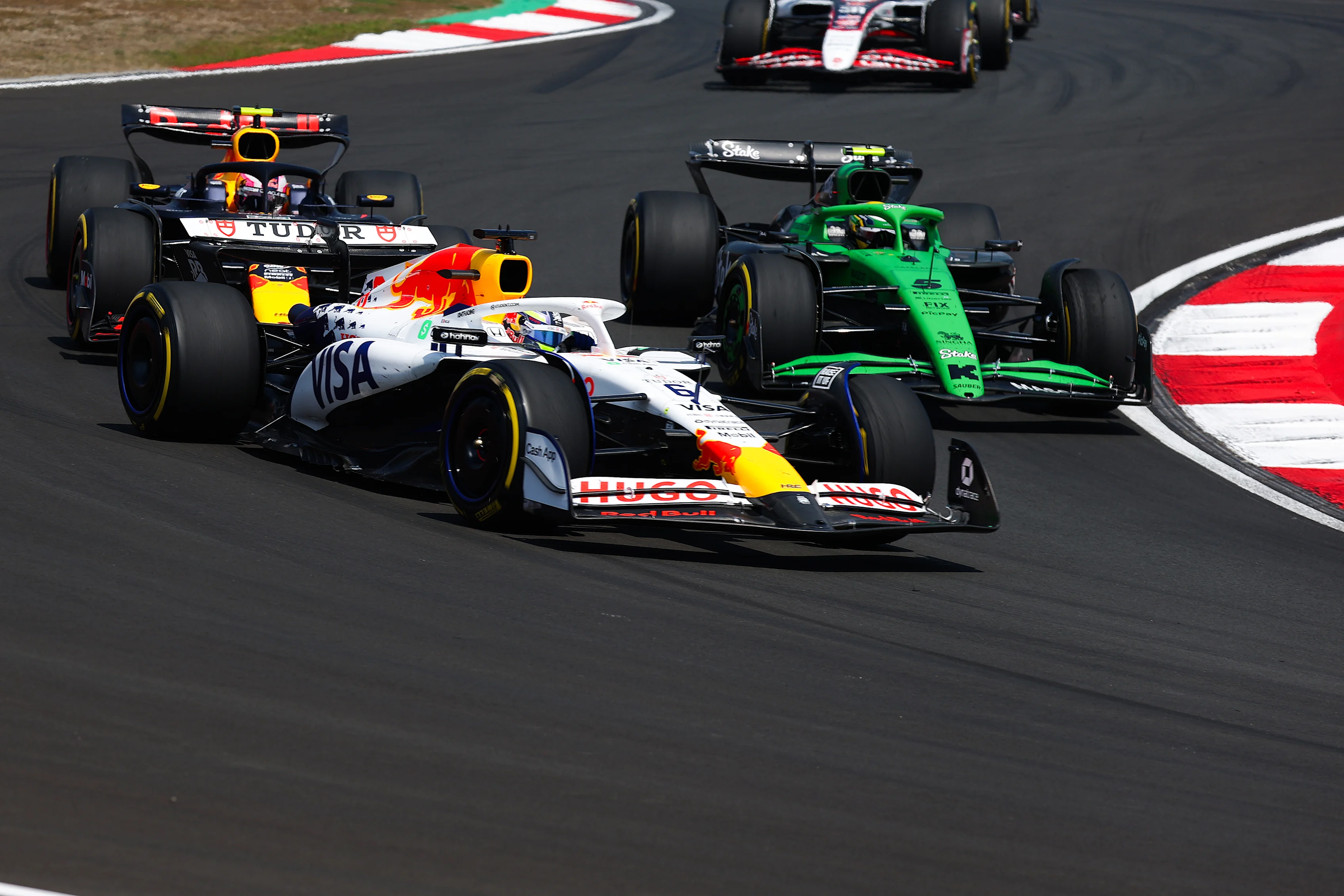 Isack Hadjar leads Gabriel Bortoleto and Liam Lawson on track during the Sprint ahead of the F1 Grand Prix of China at Shanghai International Circuit on March 22, 2025 in Shanghai, China. (Photo by Mark Thompson/Getty Images)