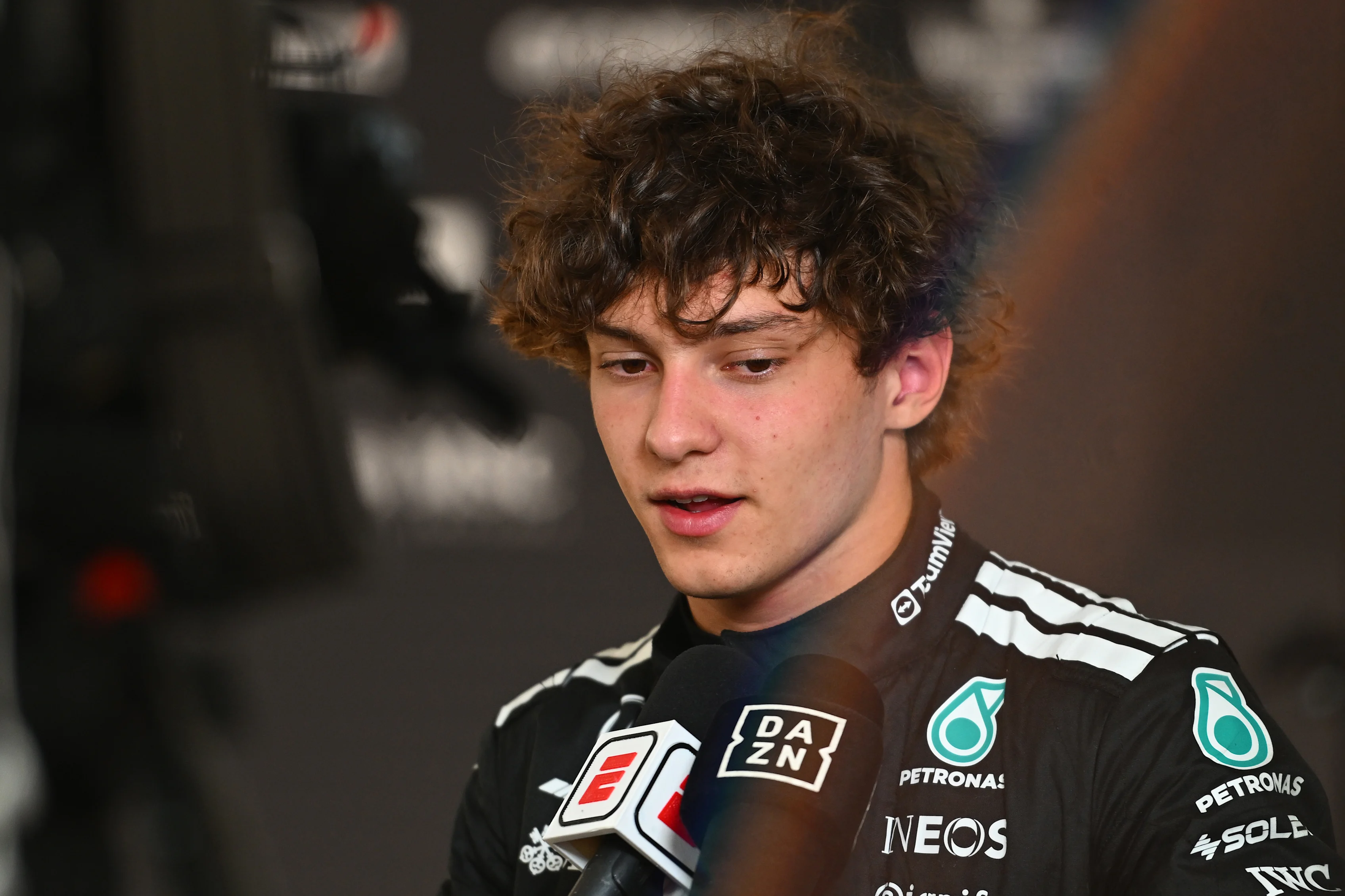 Andrea Kimi Antonelli of Italy and Mercedes AMG Petronas F1 Team is interviewed during qualifying ahead of the F1 Grand Prix of China at Shanghai International Circuit on March 22, 2025 in Shanghai, China. (Photo by Rudy Carezzevoli/Getty Images)