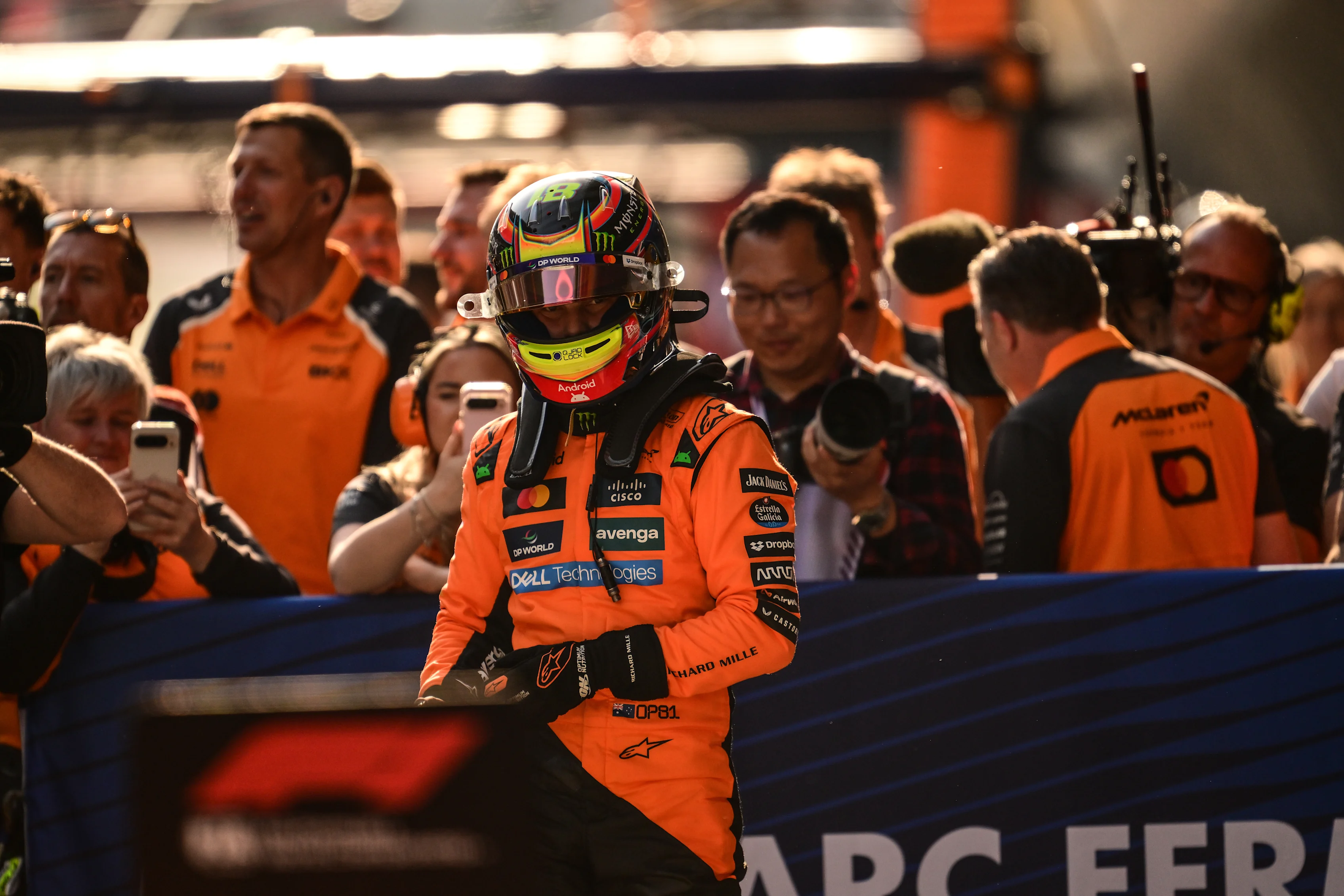 SHANGHAI, CHINA - MARCH 22: Pole position qualifier Oscar Piastri of Australia and McLaren in parc ferme during qualifying ahead of the F1 Grand Prix of China at Shanghai International Circuit on March 22, 2025 in Shanghai, China. (Photo by Mario Renzi - Formula 1/Formula 1 via Getty Images)