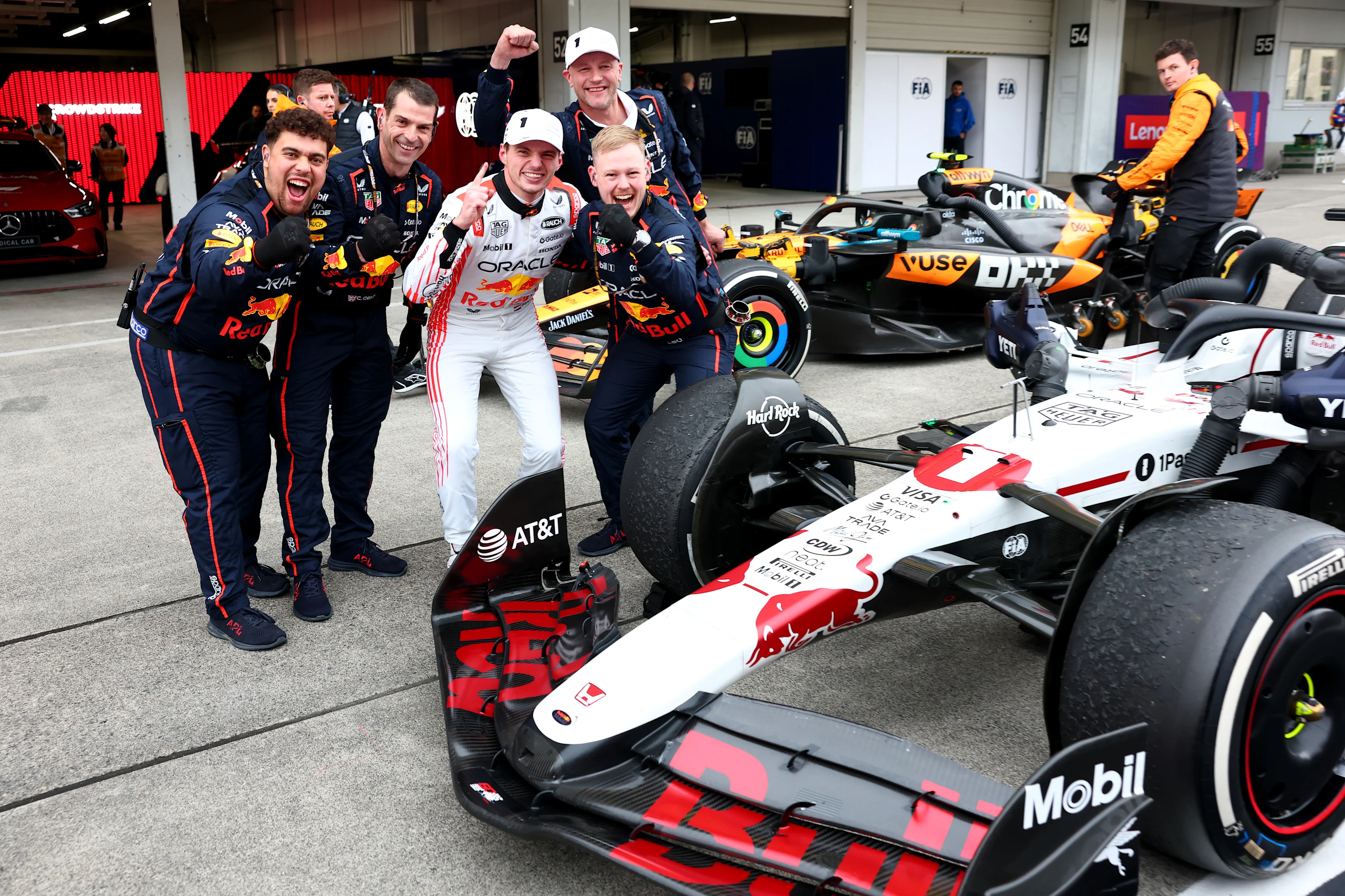 SUZUKA, JAPAN - APRIL 06: Race winner Max Verstappen of the Netherlands and Oracle Red Bull Racing celebrates in parc ferme with his team during the F1 Grand Prix of Japan at Suzuka Circuit on April 06, 2025 in Suzuka, Japan. (Photo by Mark Thompson/Getty Images)