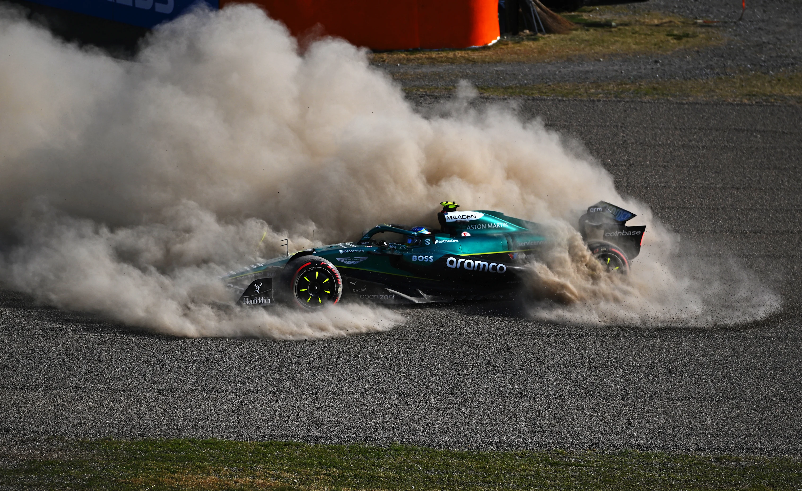 SUZUKA, JAPAN - APRIL 04: Fernando Alonso of Spain driving the (14) Aston Martin F1 Team AMR25 Mercedes spins across the gravel during practice ahead of the F1 Grand Prix of Japan at Suzuka Circuit on April 04, 2025 in Suzuka, Japan. (Photo by Rudy Carezzevoli/Getty Images)