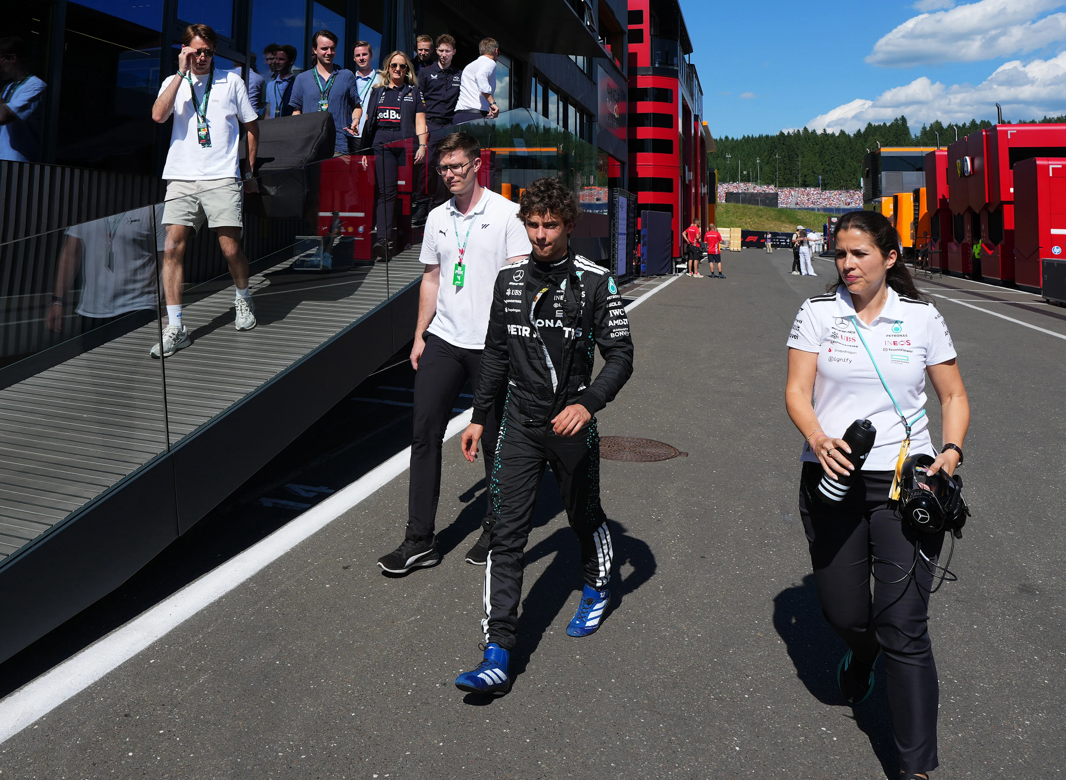 Andrea Kimi Antonelli walks in the Paddock after a crash at the start during the F1 Grand Prix of Austria at Red Bull Ring on June 29, 2025 in Spielberg, Austria. (Photo by Malcolm Griffiths - Formula 1/Formula 1 via Getty Images)