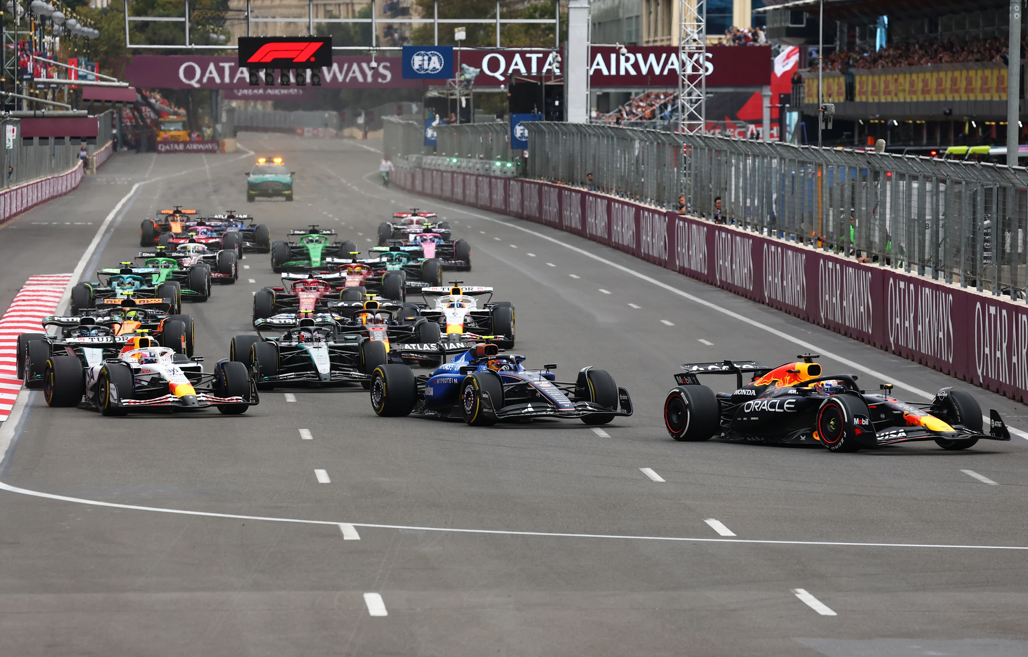 BAKU, AZERBAIJAN - SEPTEMBER 21: Max Verstappen of the Netherlands driving the (1) Oracle Red Bull