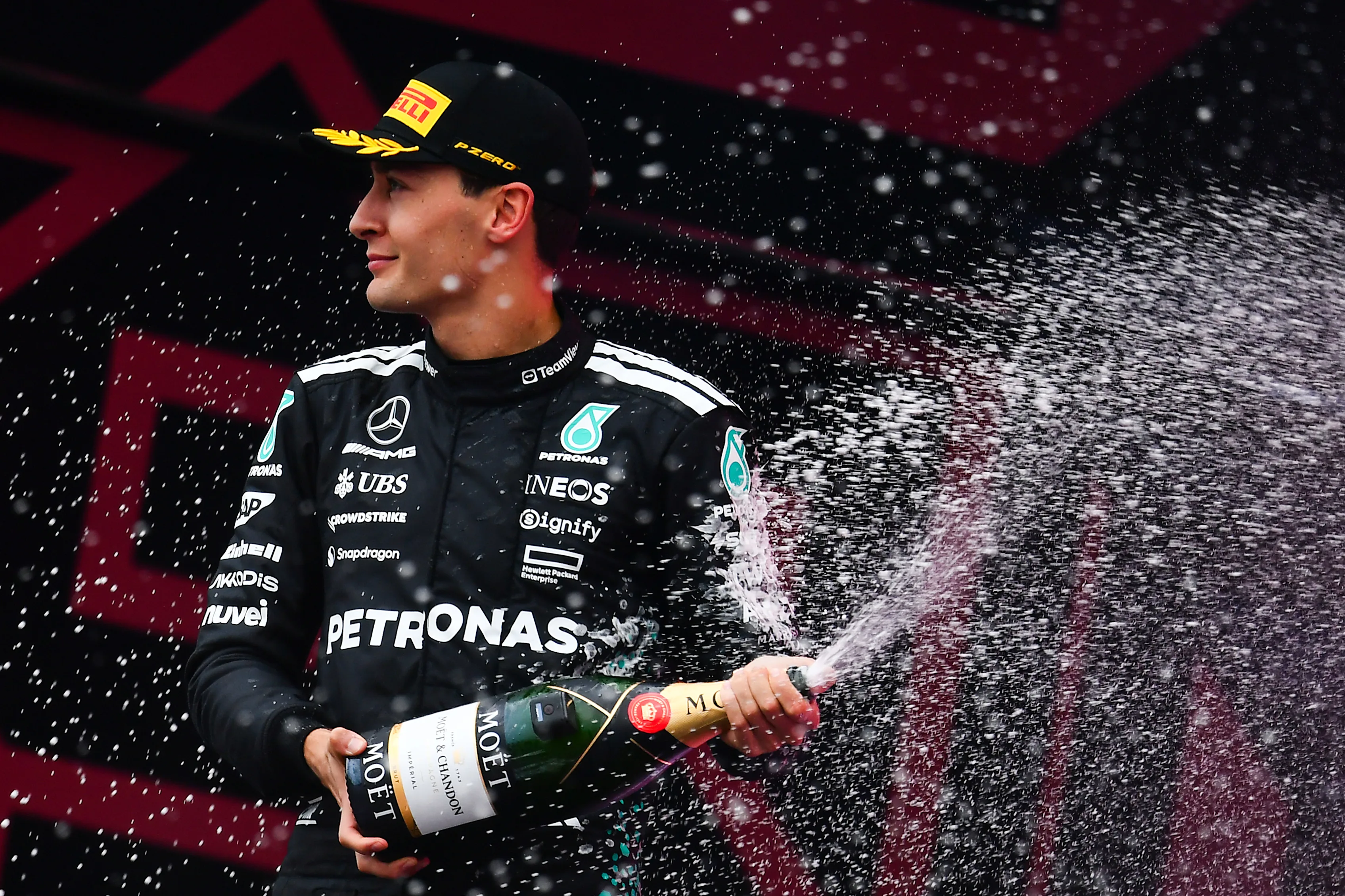 BAKU, AZERBAIJAN - SEPTEMBER 21: Second placed George Russell of Great Britain and Mercedes AMG