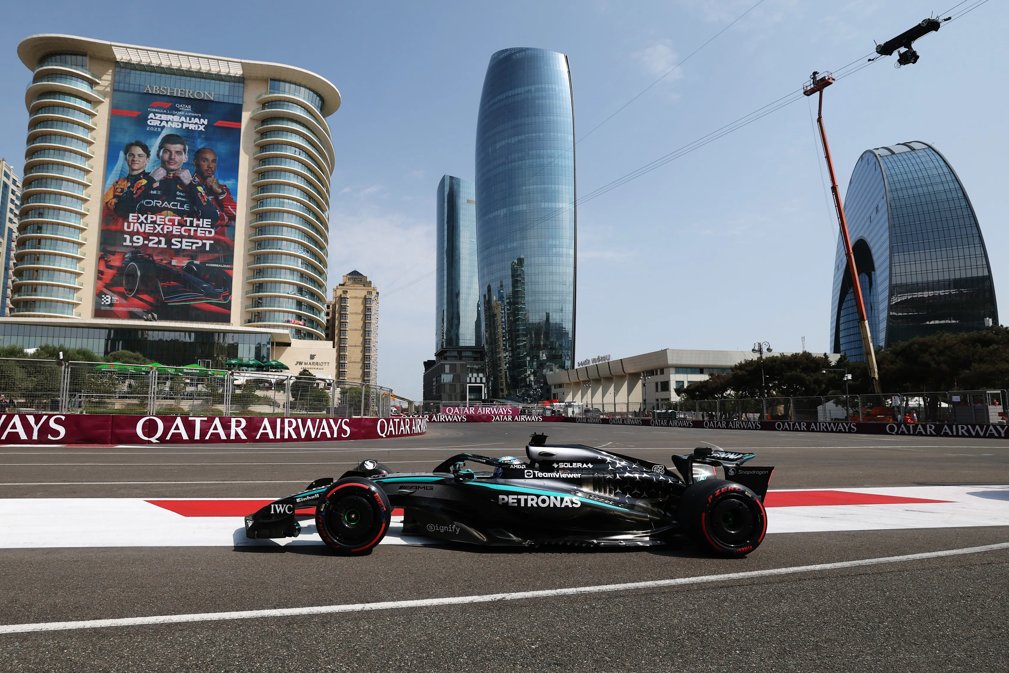 BAKU, AZERBAIJAN - SEPTEMBER 19: George Russell of Great Britain driving the (63) Mercedes AMG