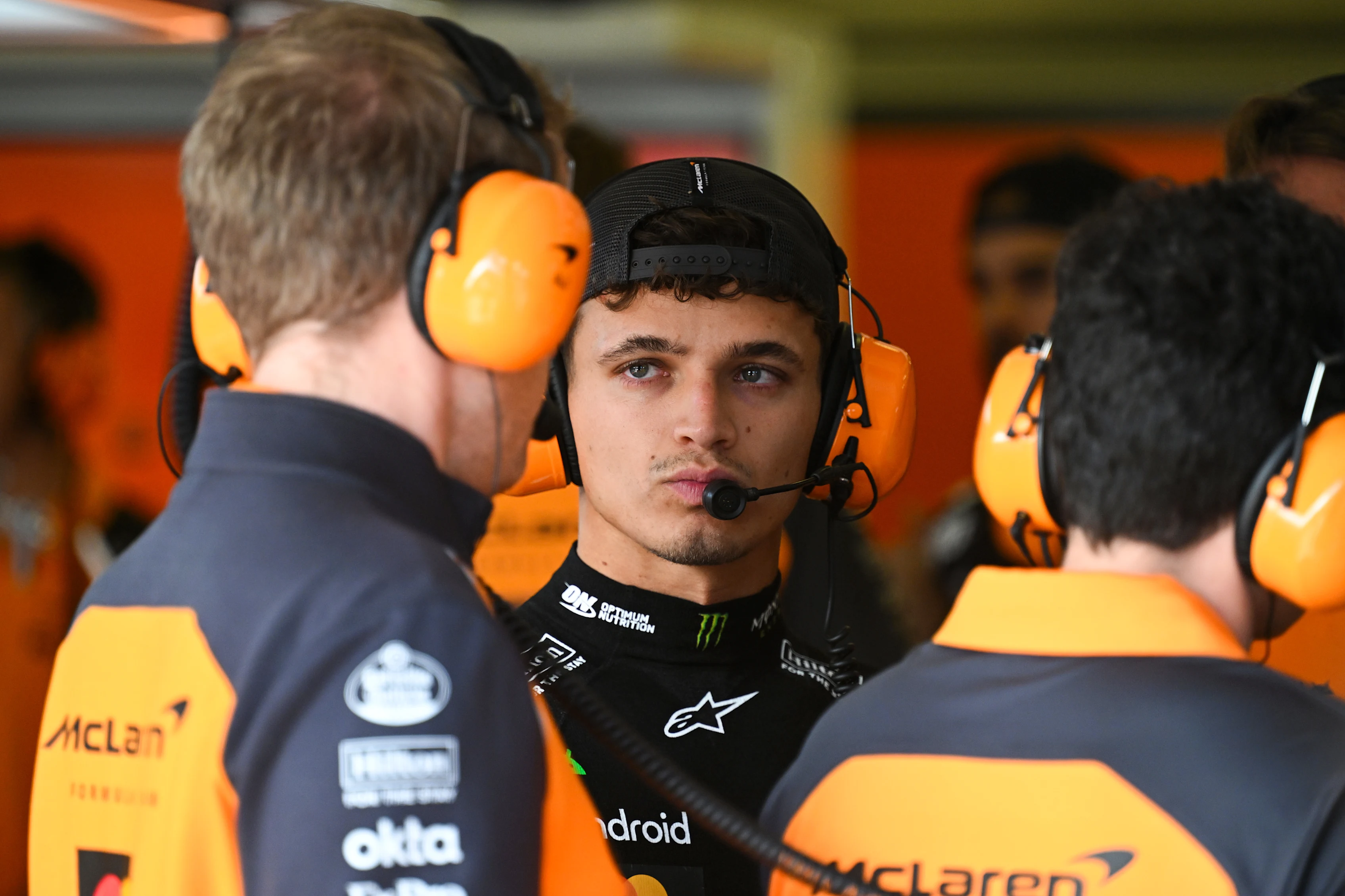 BAKU, AZERBAIJAN - SEPTEMBER 20: Lando Norris of Great Britain and McLaren talks in the garage