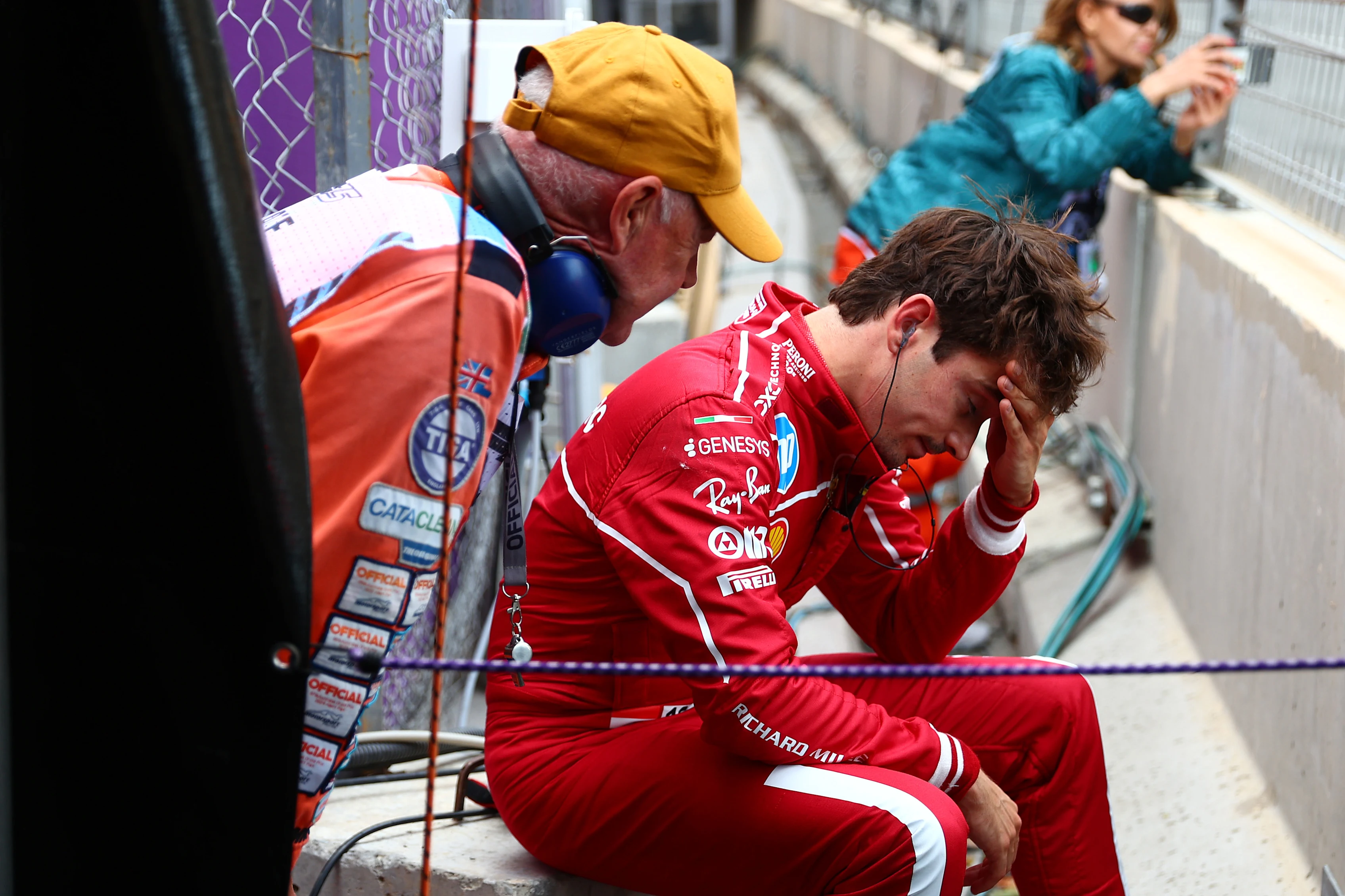 BAKU, AZERBAIJAN - SEPTEMBER 20: Charles Leclerc of Monaco and Scuderia Ferrari sits by after a