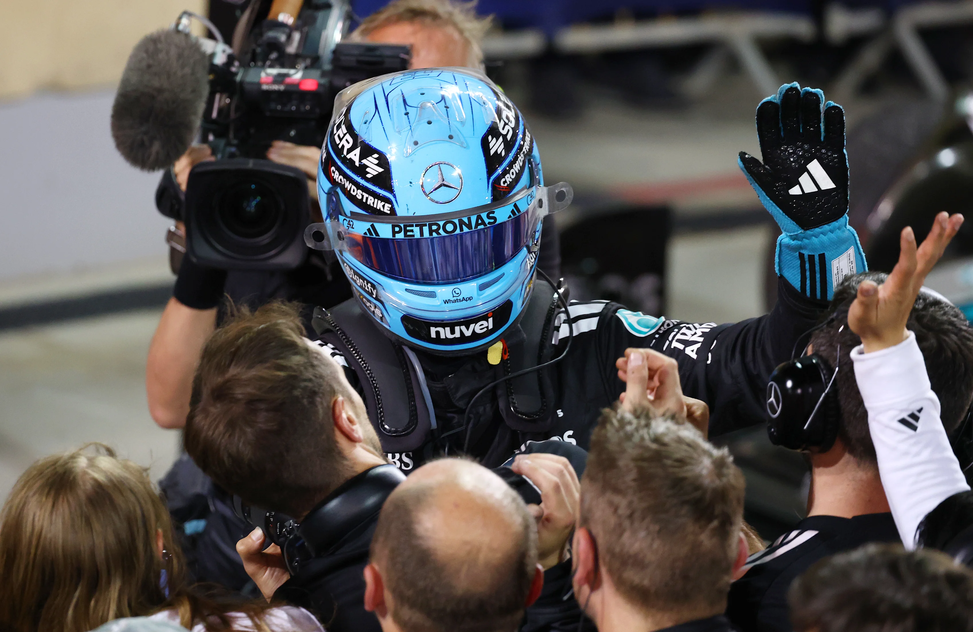 BAHRAIN, BAHRAIN - APRIL 13: Second placed George Russell of Great Britain and Mercedes AMG Petronas F1 Team celebrates in parc ferme during the F1 Grand Prix of Bahrain at Bahrain International Circuit on April 13, 2025 in Bahrain, Bahrain. (Photo by Clive Rose/Getty Images)