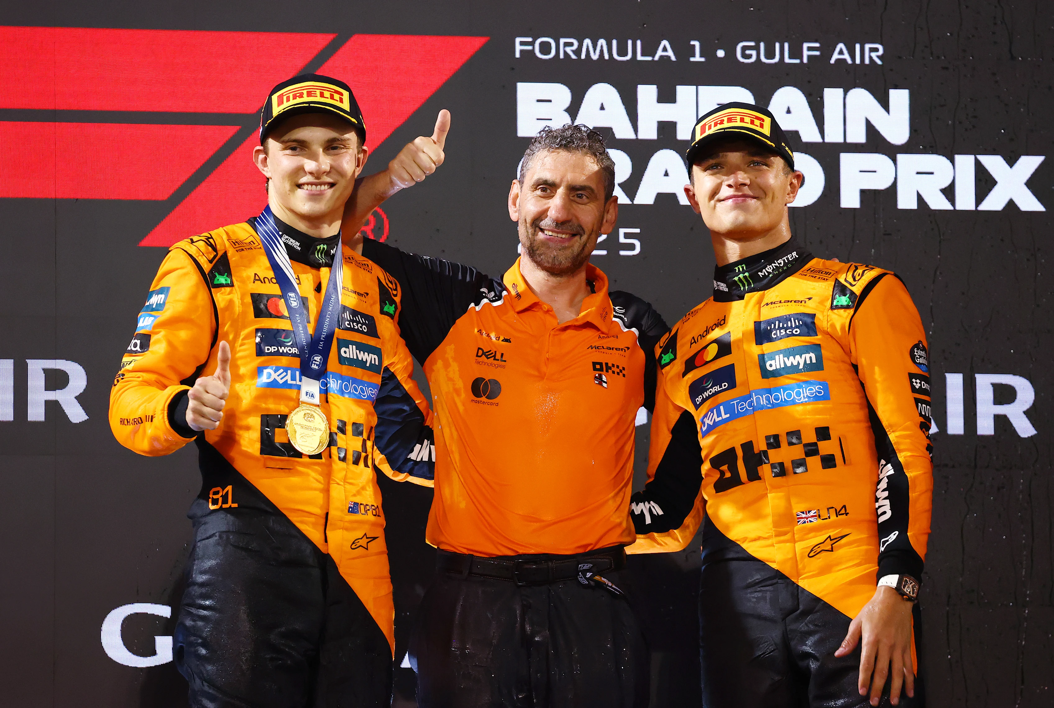 BAHRAIN, BAHRAIN - APRIL 13: Race winner Oscar Piastri of Australia and McLaren Andrea Stella, Team