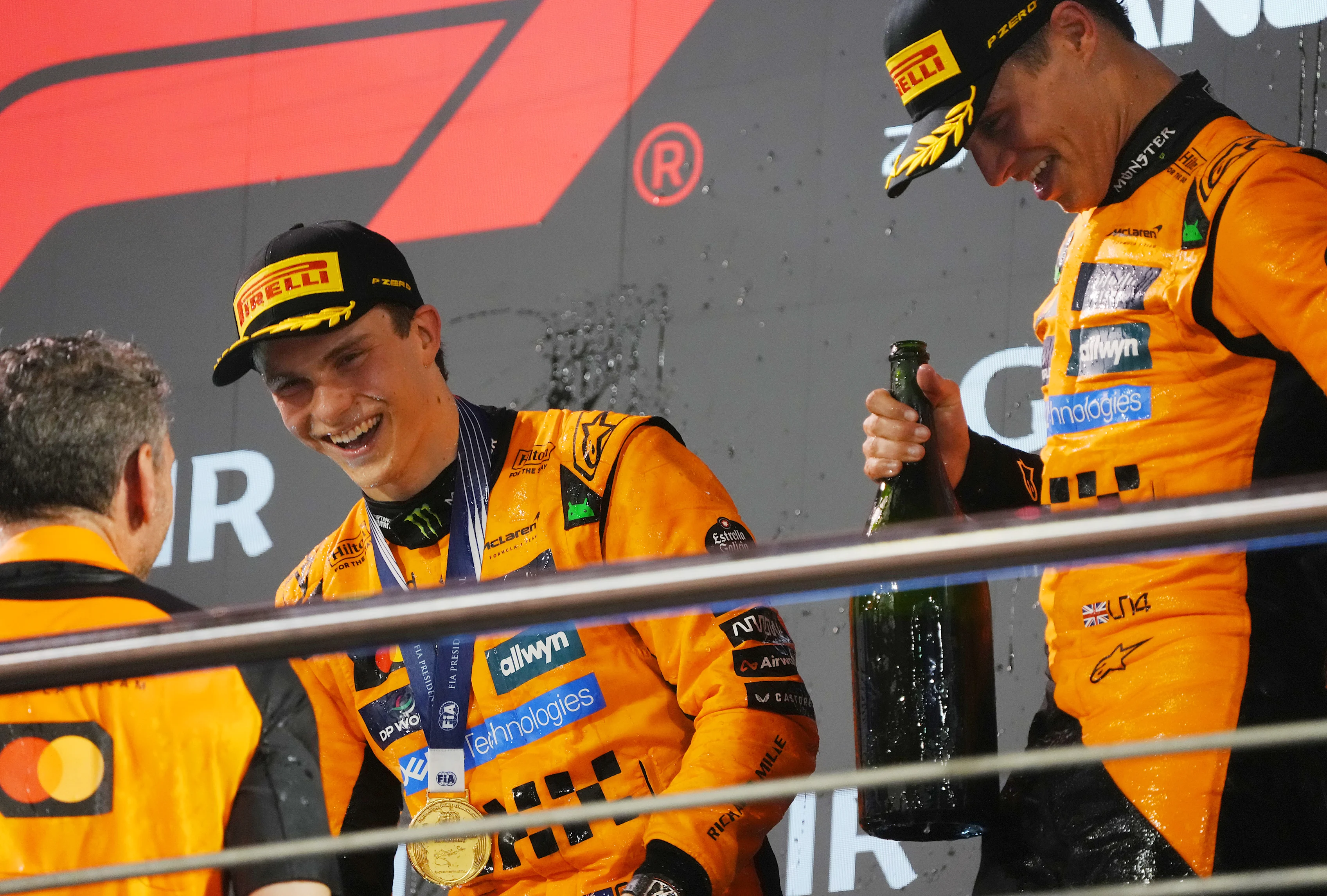 BAHRAIN, BAHRAIN - APRIL 13: Andrea Stella, Team Principal of McLaren Race winner Oscar Piastri of