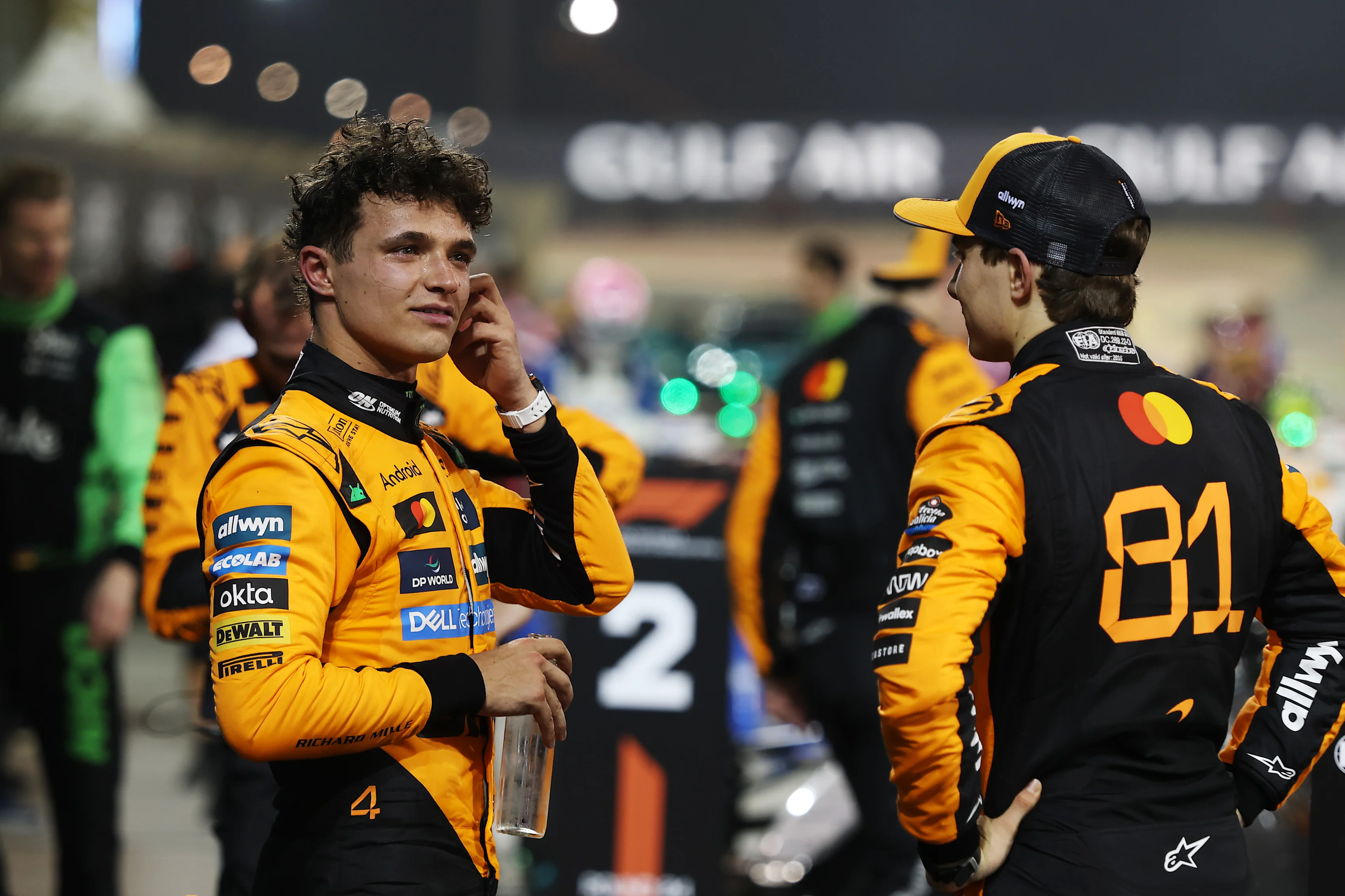 BAHRAIN, BAHRAIN - APRIL 13: Third placed Lando Norris of Great Britain and McLaren and Race winner