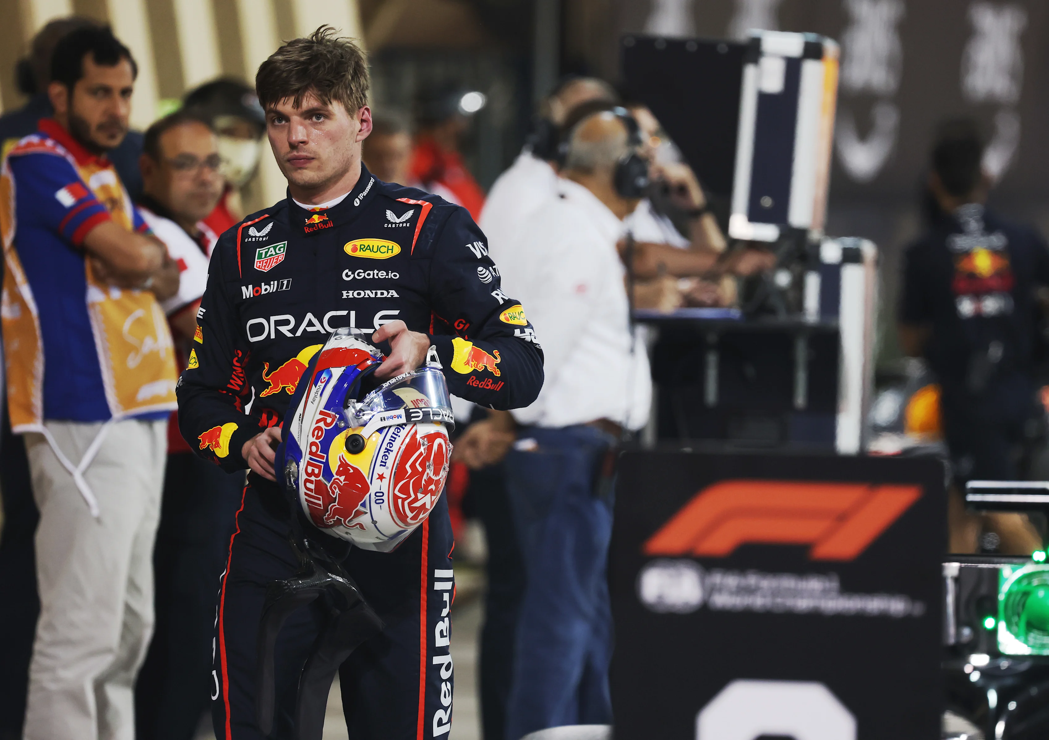 BAHRAIN, BAHRAIN - APRIL 12: Sixth placed qualifier Max Verstappen of the Netherlands and Oracle Red Bull Racing looks on in parc ferme during qualifying ahead of the F1 Grand Prix of Bahrain at Bahrain International Circuit on April 12, 2025 in Bahrain, Bahrain. (Photo by Mark Thompson/Getty Images)