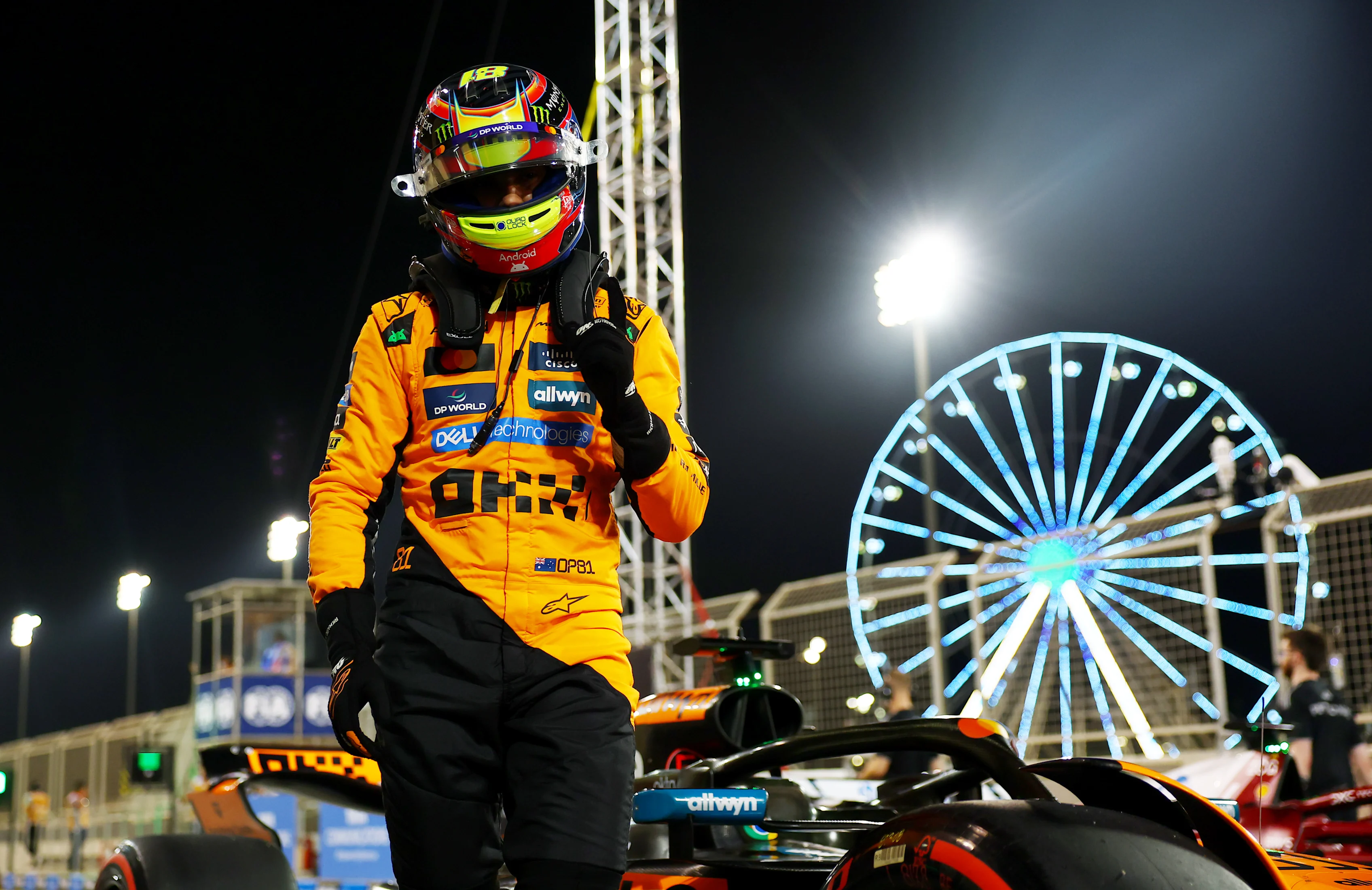 BAHRAIN, BAHRAIN - APRIL 12: Pole position qualifier Oscar Piastri of Australia and McLaren celebrates in parc ferme during qualifying ahead of the F1 Grand Prix of Bahrain at Bahrain International Circuit on April 12, 2025 in Bahrain, Bahrain. (Photo by Bryn Lennon - Formula 1/Formula 1 via Getty Images)