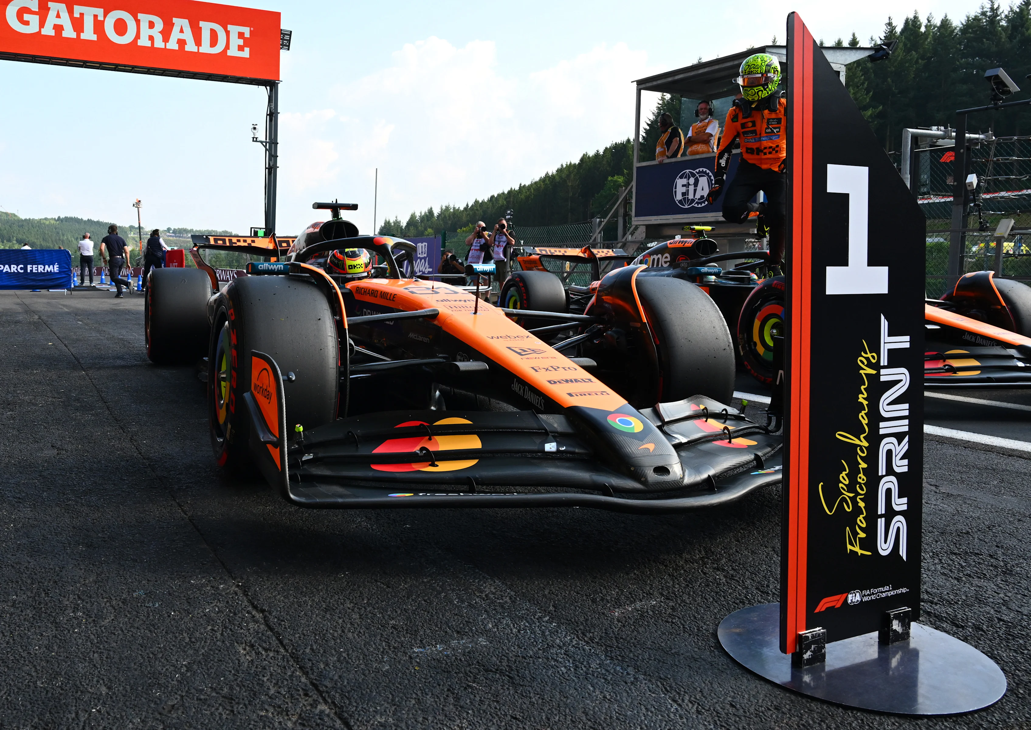 SPA, BELGIUM - JULY 25: Sprint Pole qualifier Oscar Piastri of Australia and McLaren arrives in