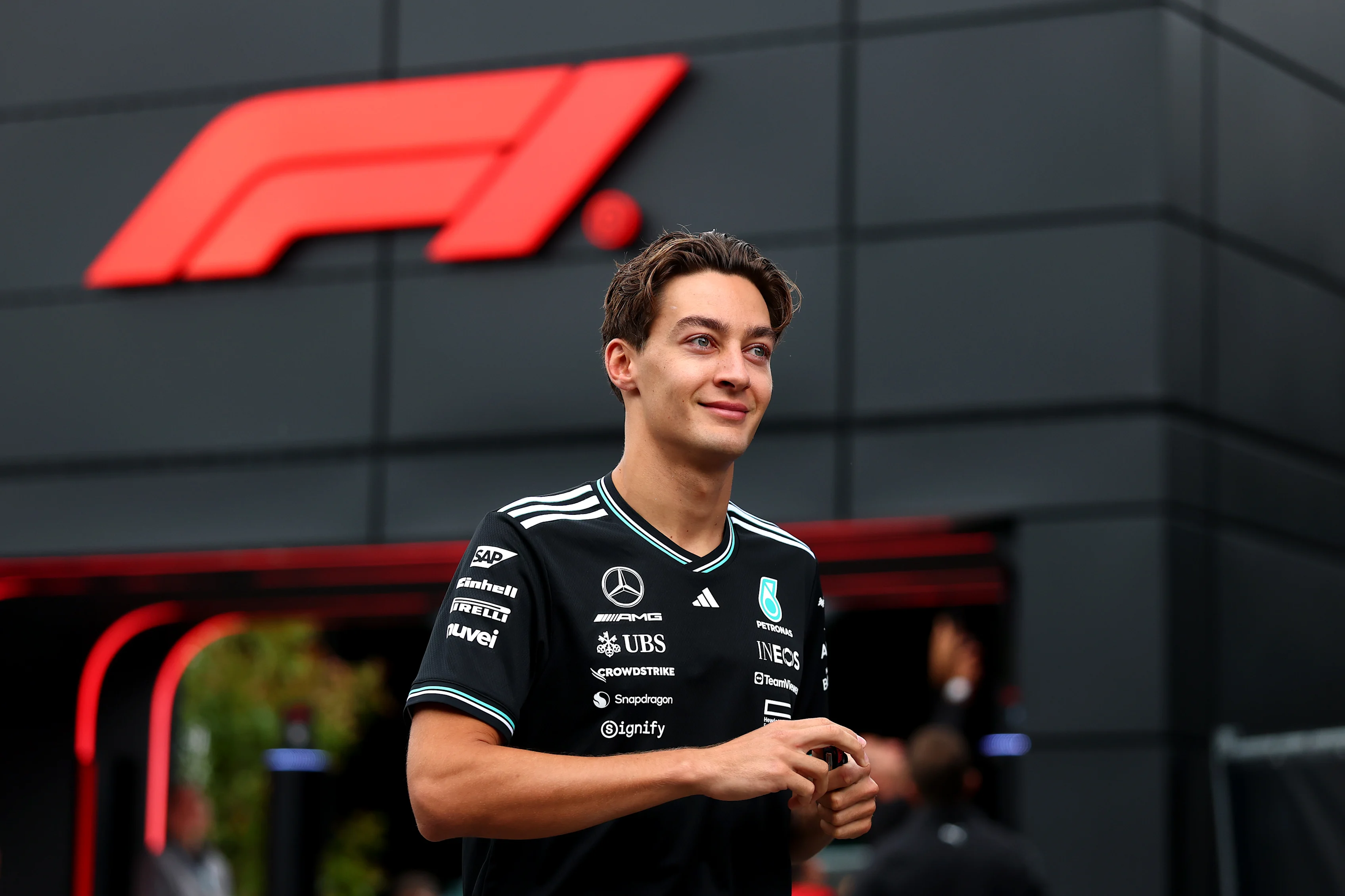 SPA, BELGIUM - JULY 24: George Russell of Great Britain and Mercedes AMG Petronas F1 Team arrives