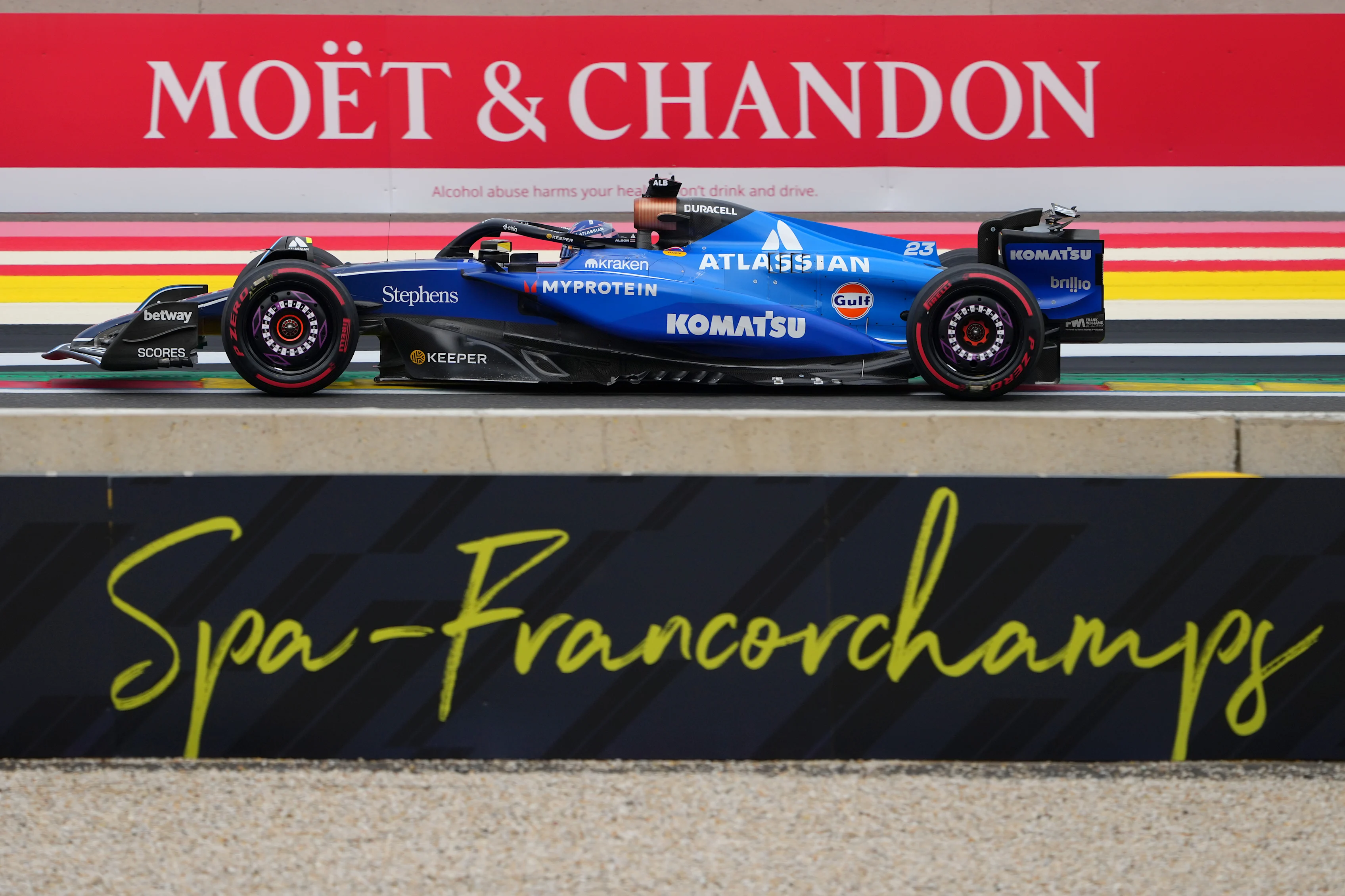 SPA, BELGIUM - JULY 26: Alexander Albon of Thailand driving the (23) Williams FW47 Mercedes on