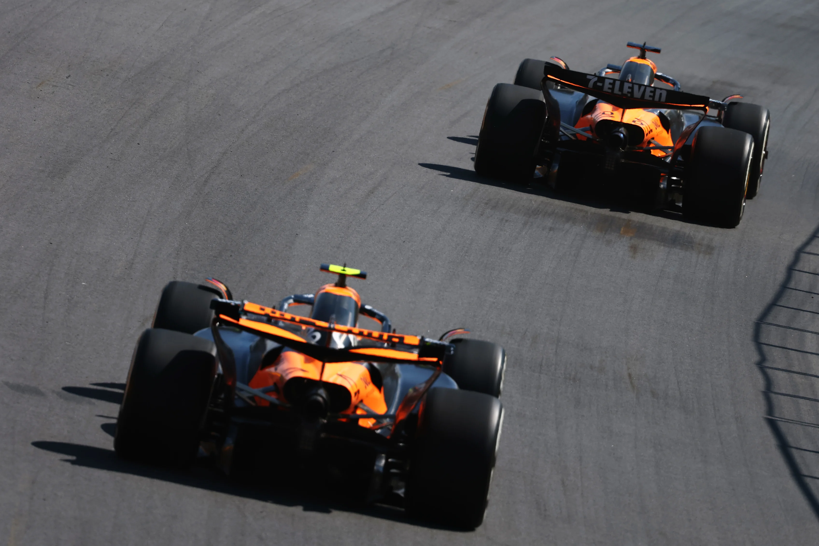 Oscar Piastri of Australia leads Lando Norris of Great Britain driving the (4) McLaren MCL39 Mercedes on track during the F1 Grand Prix of Canada at Circuit Gilles-Villeneuve on June 15, 2025 in Montreal, Quebec. (Photo by Clive Rose/Getty Images)