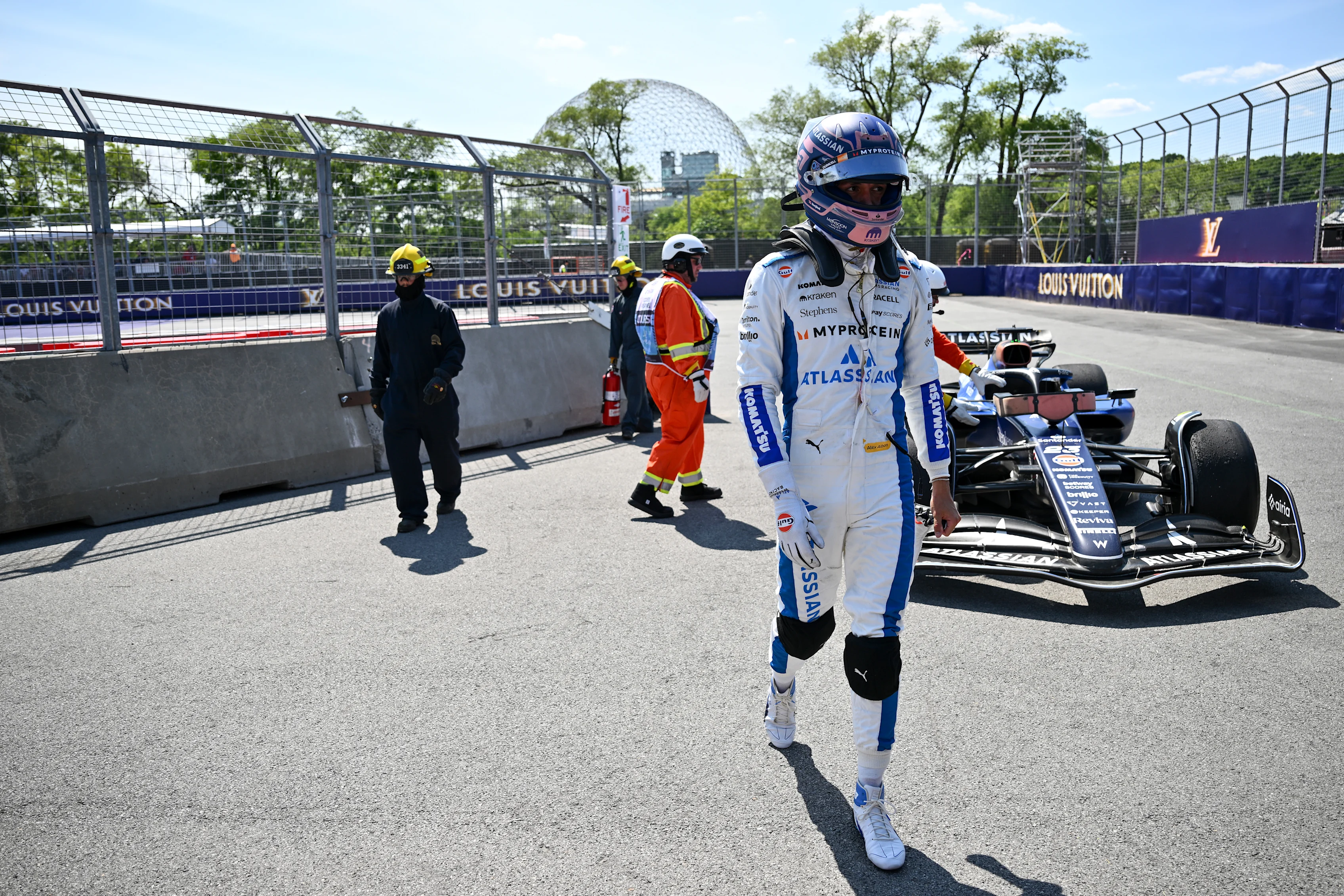 MONTREAL, QUEBEC - JUNE 15: Alexander Albon of Thailand and Williams walks away from his car during the F1 Grand Prix of Canada at Circuit Gilles-Villeneuve on June 15, 2025 in Montreal, Quebec. (Photo by Minas Panagiotakis/Getty Images)