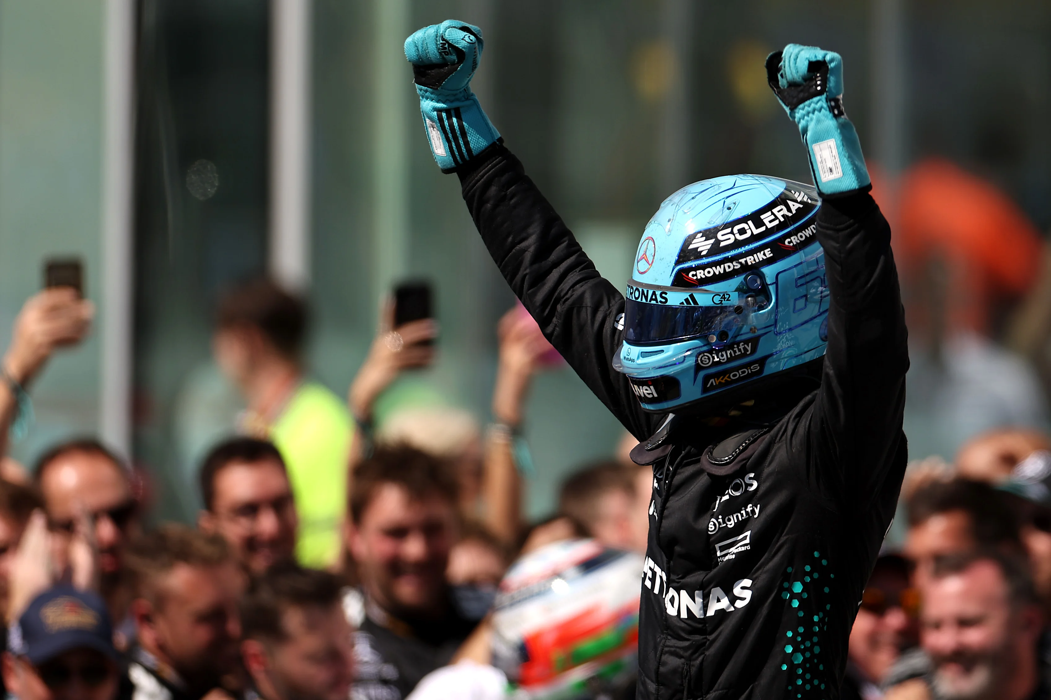 MONTREAL, QUEBEC - JUNE 15: Race winner George Russell of Great Britain and Mercedes AMG Petronas
