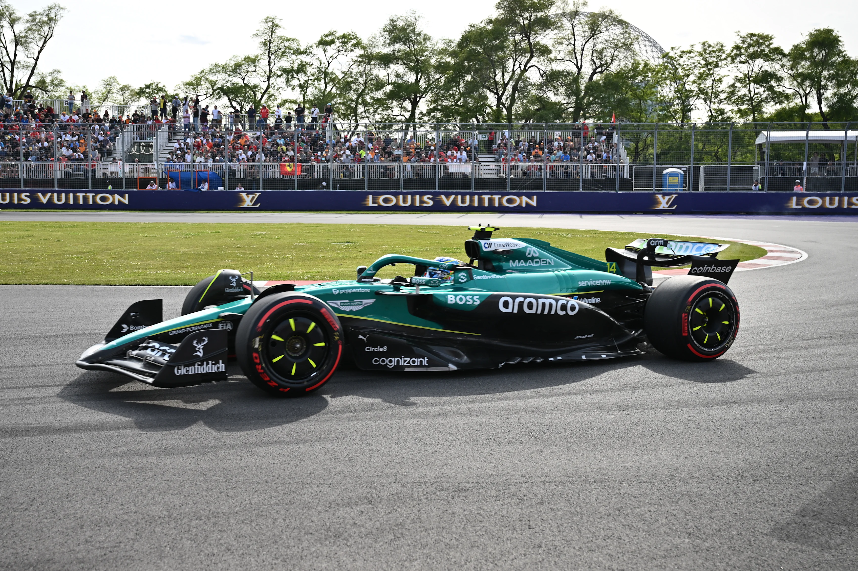 MONTREAL, QUEBEC - JUNE 13: Fernando Alonso of Spain driving the (14) Aston Martin F1 Team AMR25 Mercedes on track during practice ahead of the F1 Grand Prix of Canada at Circuit Gilles-Villeneuve on June 13, 2025 in Montreal, Quebec. (Photo by Minas Panagiotakis/Getty Images)