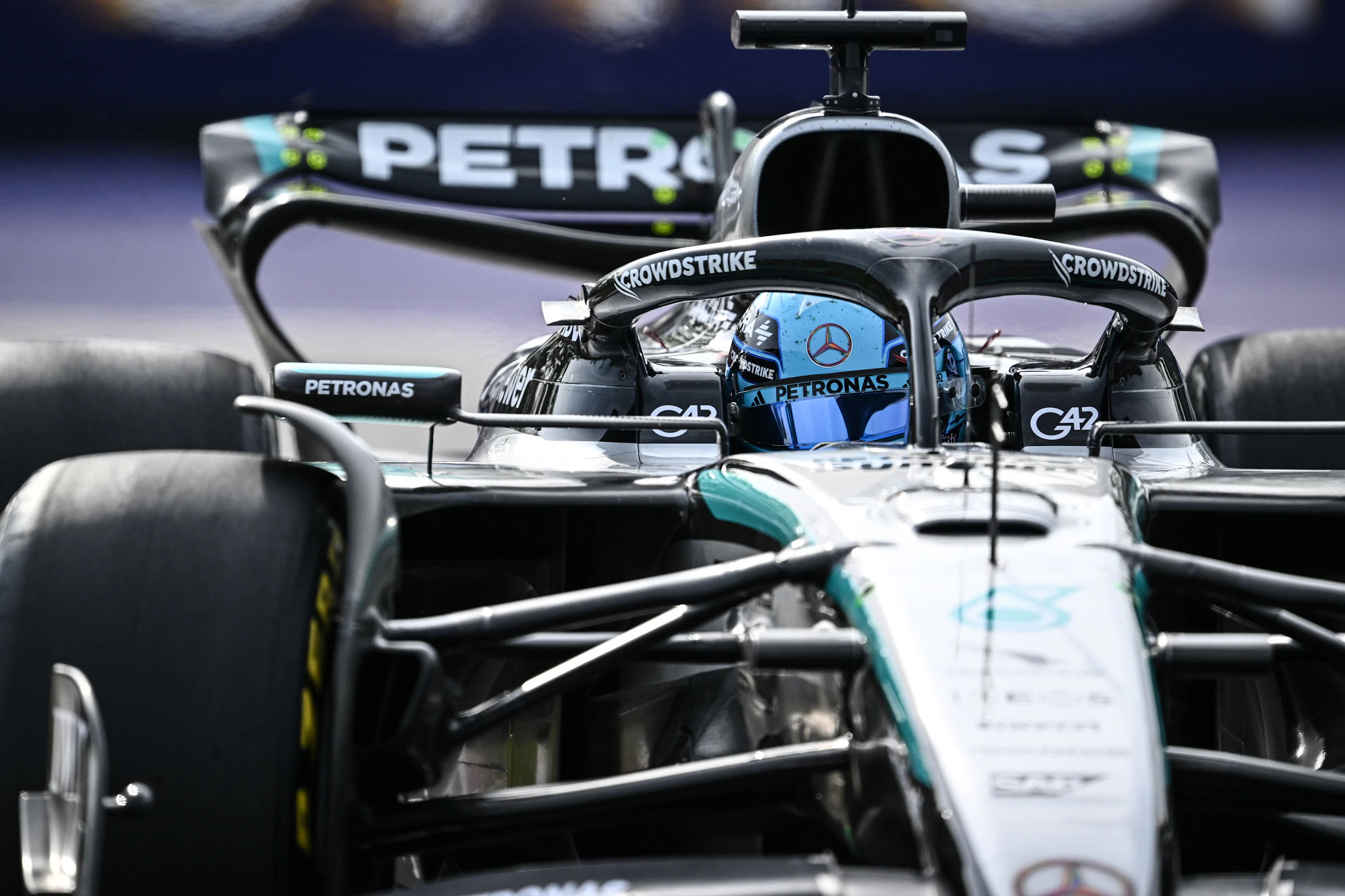 MONTREAL, QUEBEC - JUNE 13: George Russell of Great Britain driving the (63) Mercedes AMG Petronas F1 Team W16 on track during practice ahead of the F1 Grand Prix of Canada at Circuit Gilles-Villeneuve on June 13, 2025 in Montreal, Quebec. (Photo by Minas Panagiotakis/Getty Images)