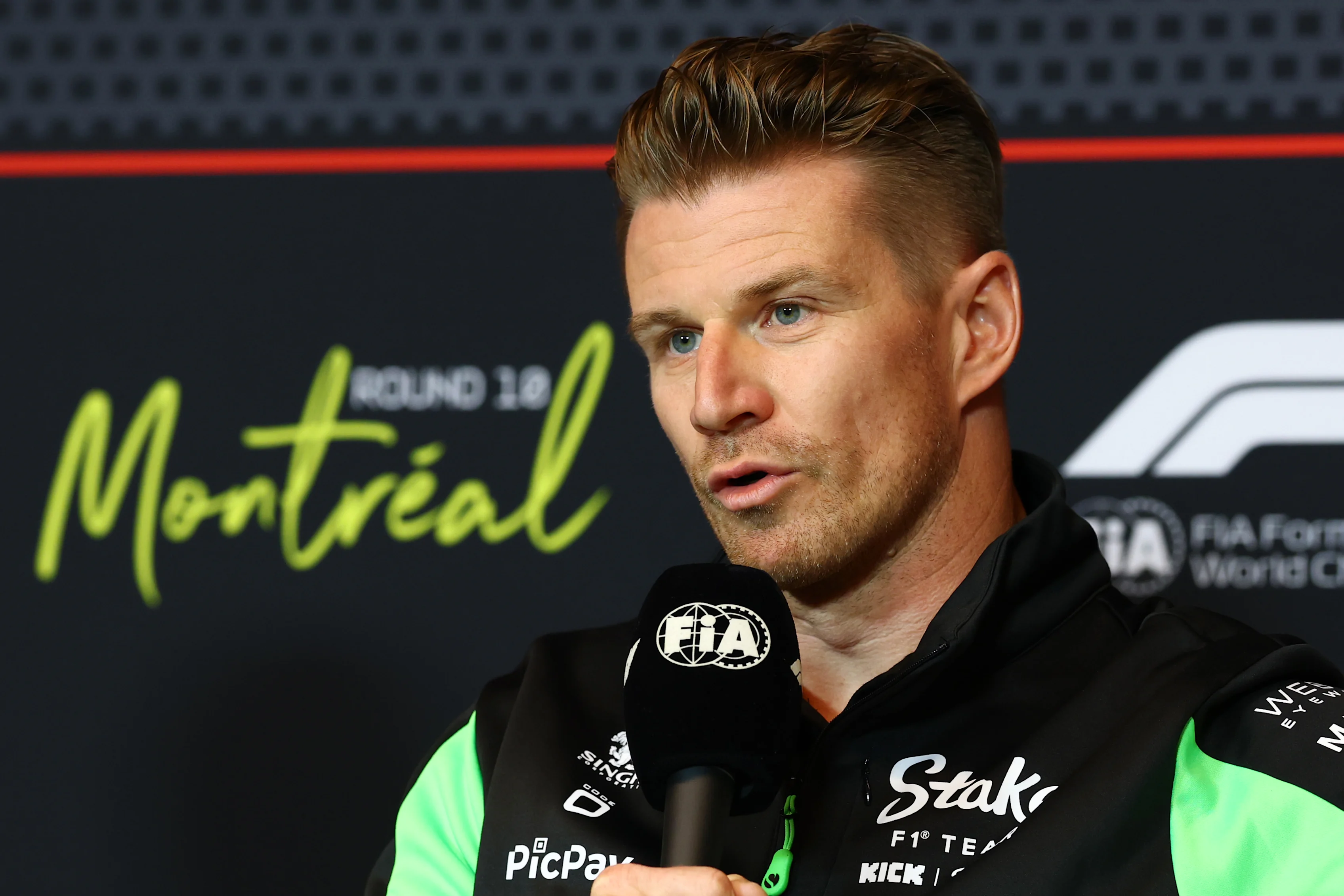 MONTREAL, QUEBEC - JUNE 12: Nico Hulkenberg of Germany and Stake F1 Team Kick Sauber speaks in the Drivers Press Conference during previews ahead of the F1 Grand Prix of Canada at Circuit Gilles-Villeneuve on June 12, 2025 in Montreal, Quebec. (Photo by Clive Rose/Getty Images)