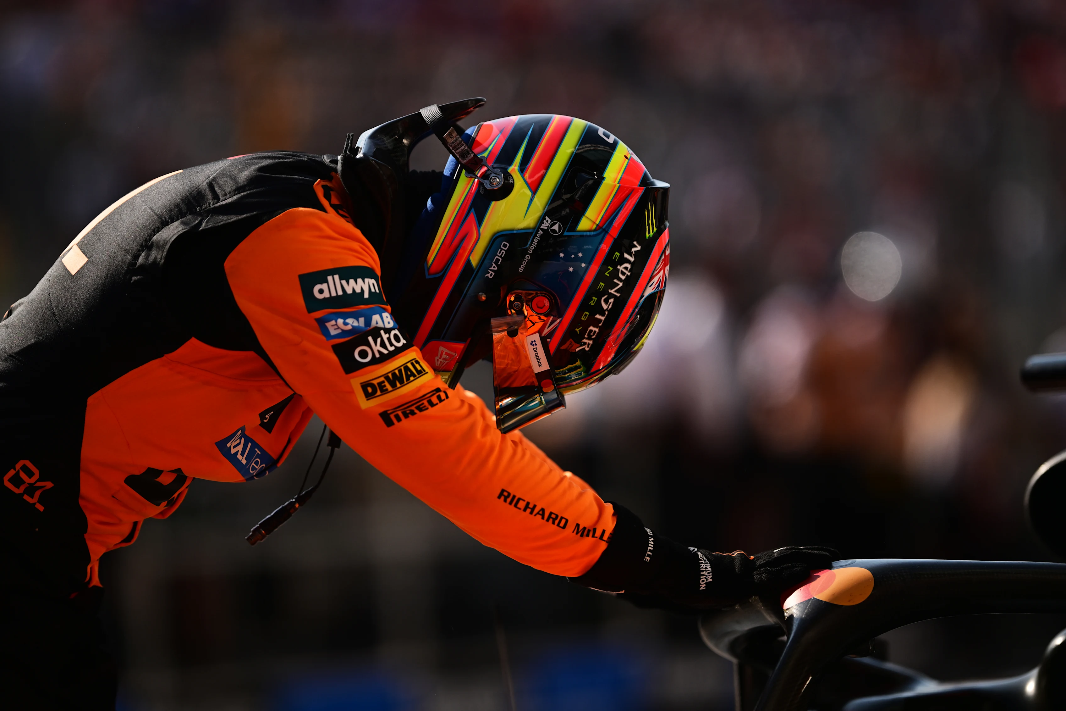 MONTREAL, QUEBEC - JUNE 14: Third placed qualifier Oscar Piastri of Australia and McLaren arrives in parc ferme during qualifying ahead of the F1 Grand Prix of Canada at Circuit Gilles-Villeneuve on June 14, 2025 in Montreal, Quebec. (Photo by Mario Renzi - Formula 1/Formula 1 via Getty Images)