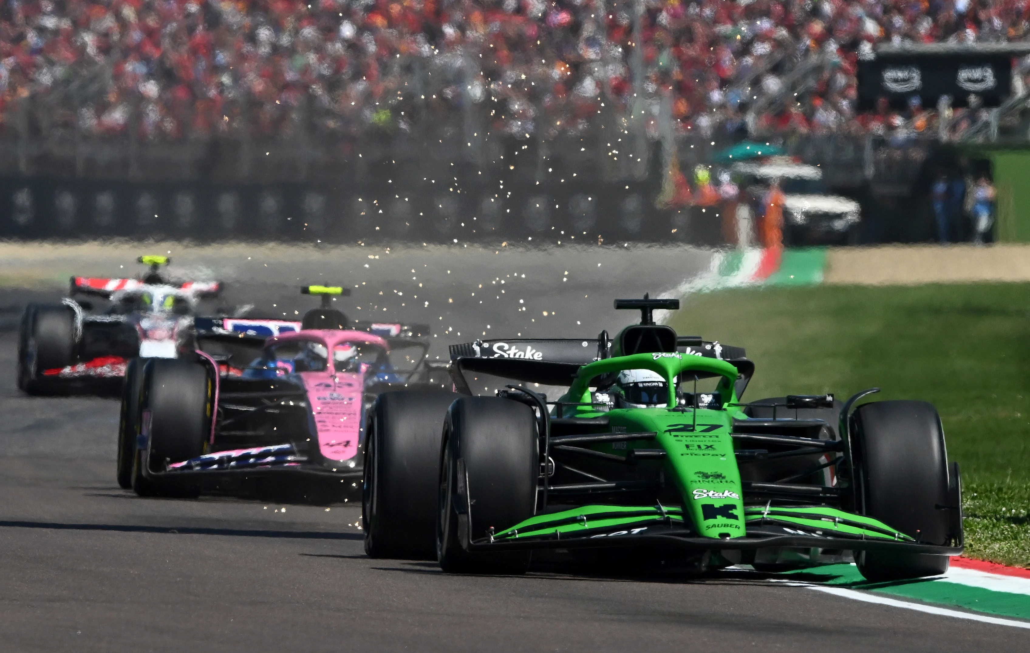 IMOLA, ITALY - MAY 18: Nico Hulkenberg of Germany driving the (27) Kick Sauber C45 Ferrari leads Franco Colapinto of Argentina driving the (43) Alpine F1 A525 Renault and Oliver Bearman of Great Britain driving the (87) Haas F1 VF-25 Ferrari on track during the F1 Grand Prix of Emilia-Romagna at Autodromo Internazionale Enzo e Dino Ferrari on May 18, 2025 in Imola, Italy. (Photo by Rudy Carezzevoli/Getty Images)