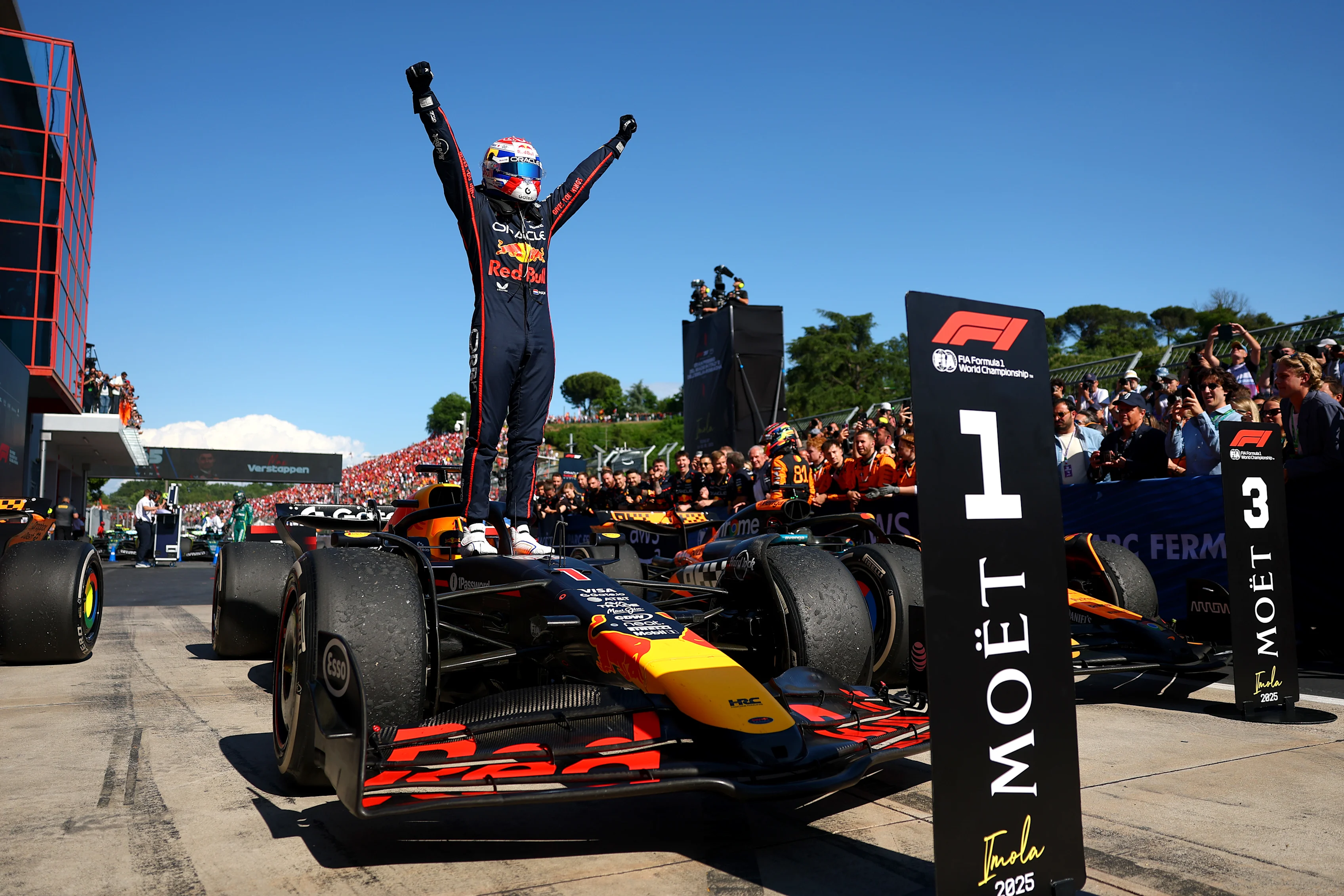 IMOLA, ITALY - MAY 18: Race winner Max Verstappen of the Netherlands and Oracle Red Bull Racing celebrates on arrival in parc ferme during the F1 Grand Prix of Emilia-Romagna at Autodromo Internazionale Enzo e Dino Ferrari on May 18, 2025 in Imola, Italy. (Photo by Bryn Lennon - Formula 1/Formula 1 via Getty Images)