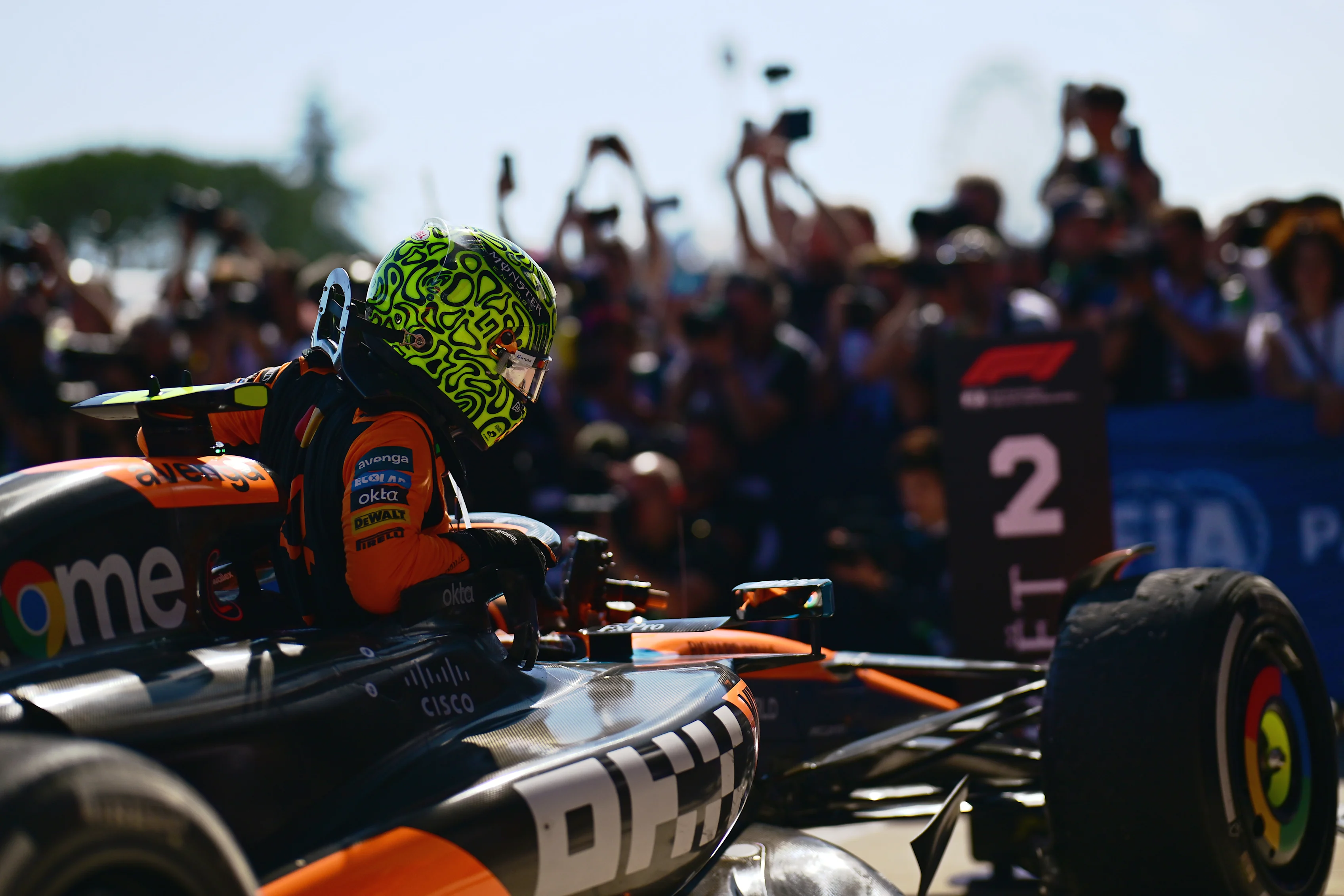 IMOLA, ITALY - MAY 18: Second placed Lando Norris of Great Britain and McLaren arrives in parc