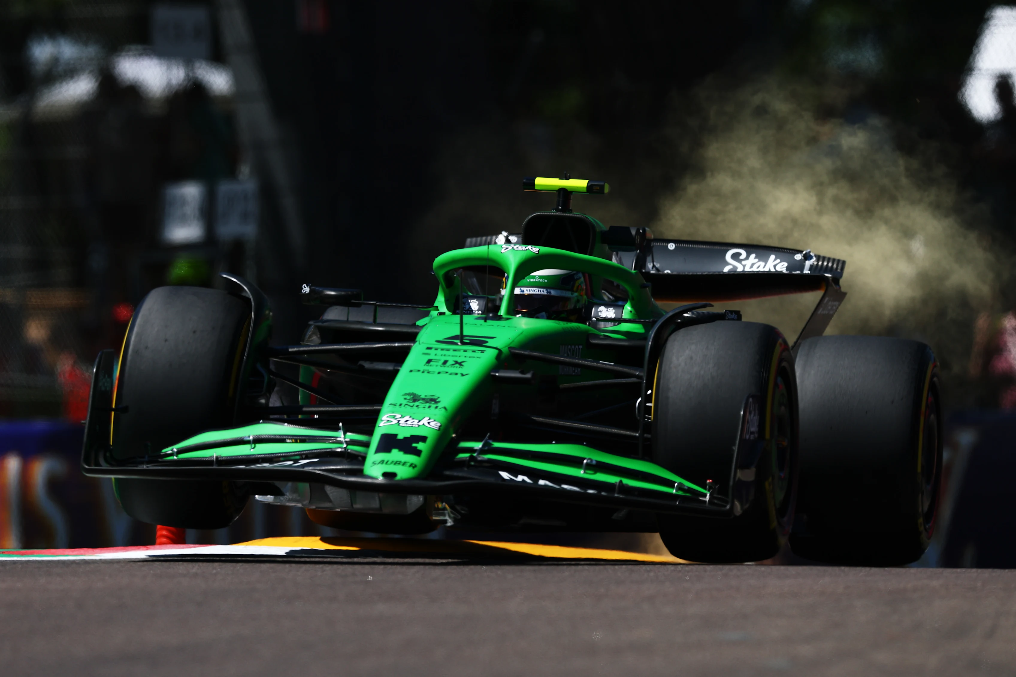 IMOLA, ITALY - MAY 16: Gabriel Bortoleto of Brazil driving the (5) Kick Sauber C45 Ferrari lifts his wheels on track during practice ahead of the F1 Grand Prix of Emilia-Romagna at Autodromo Internazionale Enzo e Dino Ferrari on May 16, 2025 in Imola, Italy. (Photo by Clive Rose/Getty Images)