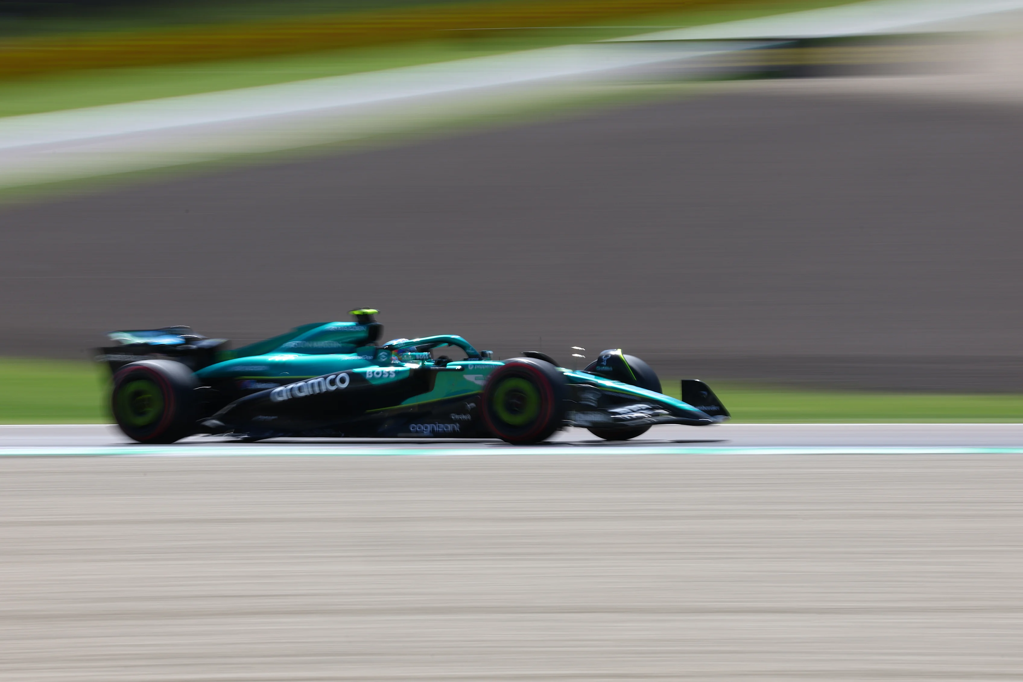 IMOLA, ITALY - MAY 16: Fernando Alonso of Spain driving the (14) Aston Martin F1 Team AMR25 Mercedes on track during practice ahead of the F1 Grand Prix of Emilia-Romagna at Autodromo Internazionale Enzo e Dino Ferrari on May 16, 2025 in Imola, Italy. (Photo by Mark Thompson/Getty Images)