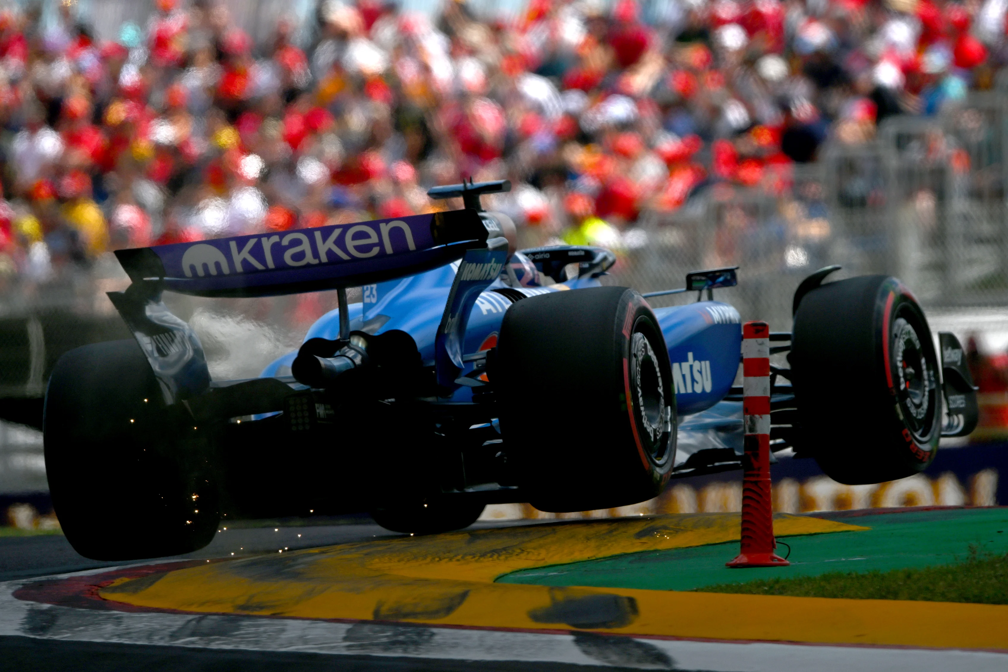 IMOLA, ITALY - MAY 17: Alexander Albon of Thailand driving the (23) Williams FW47 Mercedes gets his wheels off the ground during final practice ahead of the F1 Grand Prix of Emilia-Romagna at Autodromo Internazionale Enzo e Dino Ferrari on May 17, 2025 in Imola, Italy. (Photo by Rudy Carezzevoli/Getty Images)