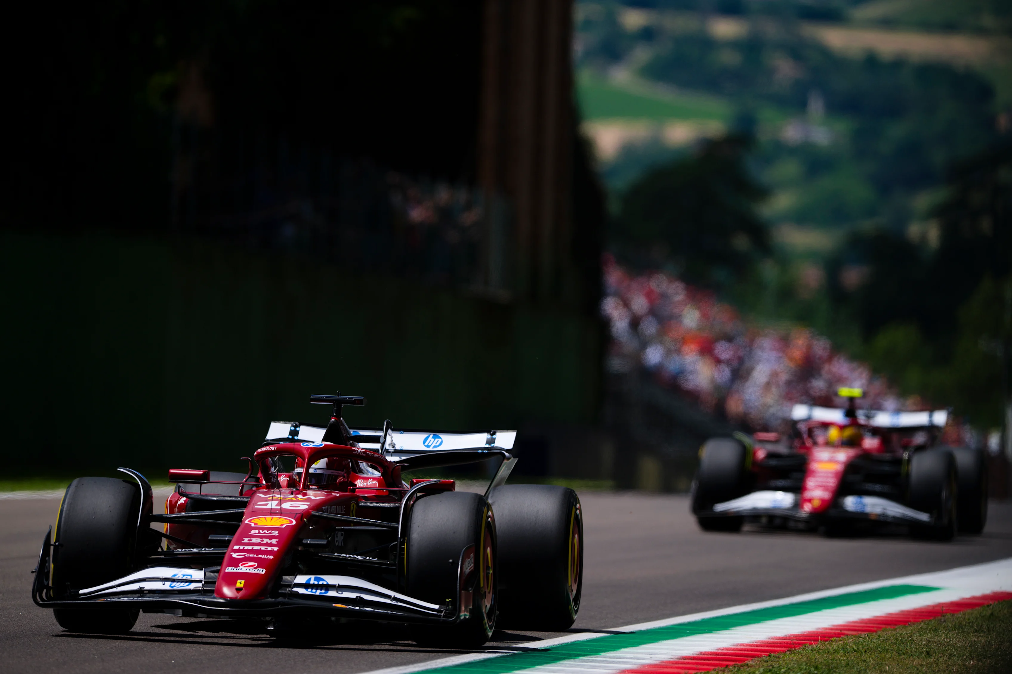 IMOLA, ITALY - MAY 17: Charles Leclerc of Monaco driving the (16) Scuderia Ferrari SF-25 leads