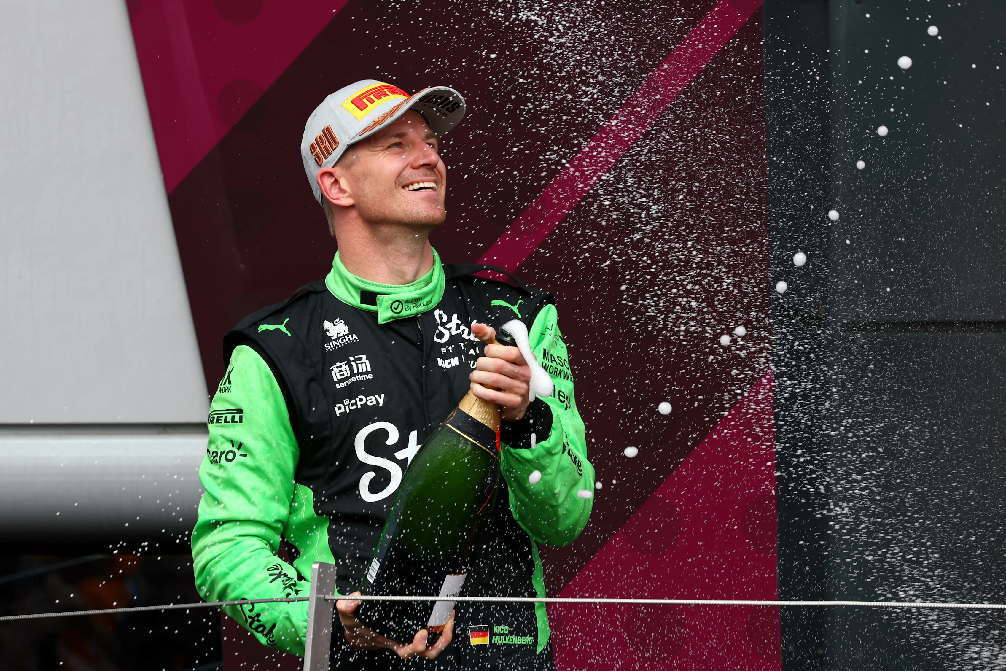 NORTHAMPTON, ENGLAND - JULY 06: Third placed Nico Hulkenberg of Germany and Stake F1 Team Kick