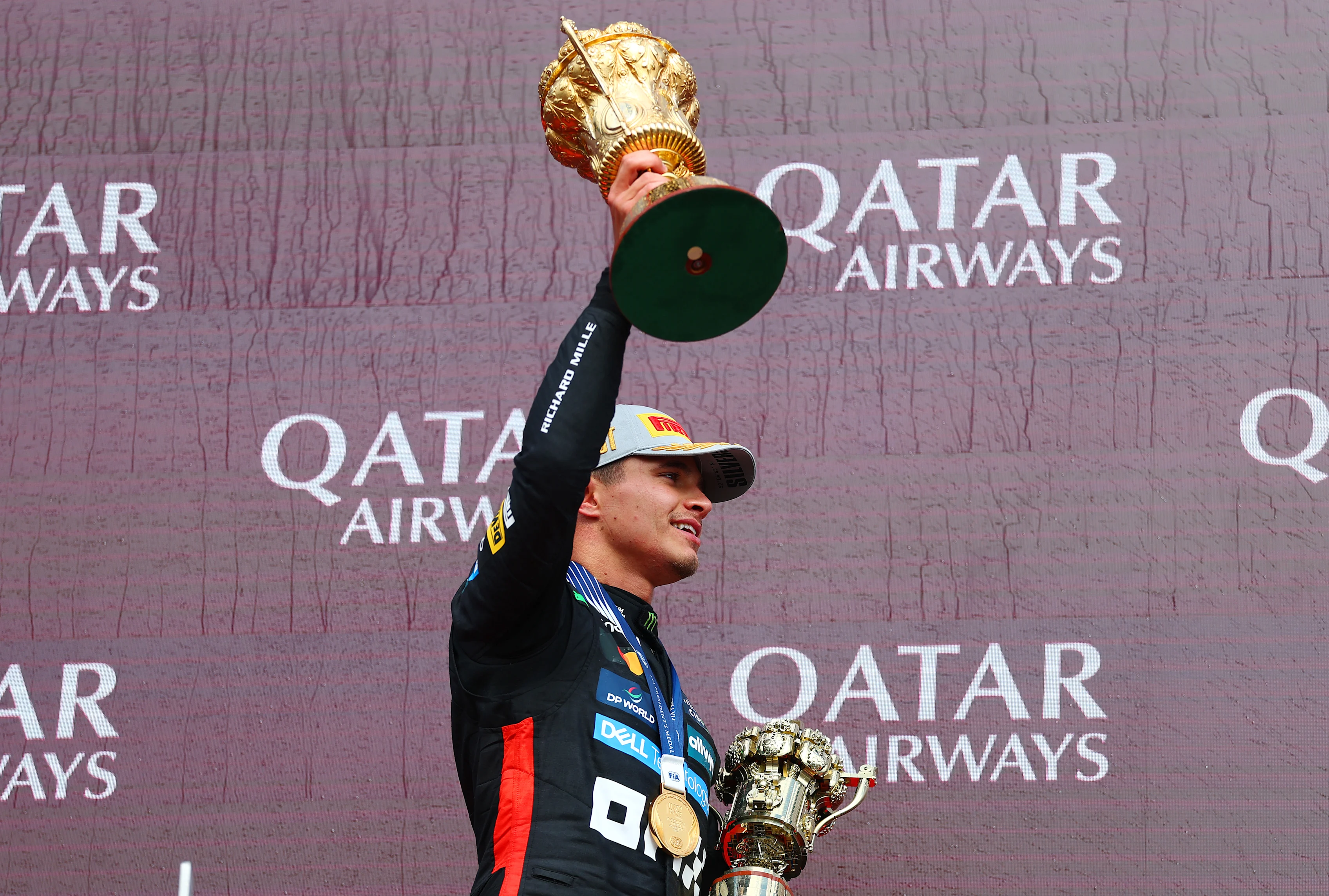 NORTHAMPTON, ENGLAND - JULY 06: Race winner Lando Norris of Great Britain and McLaren celebrates on