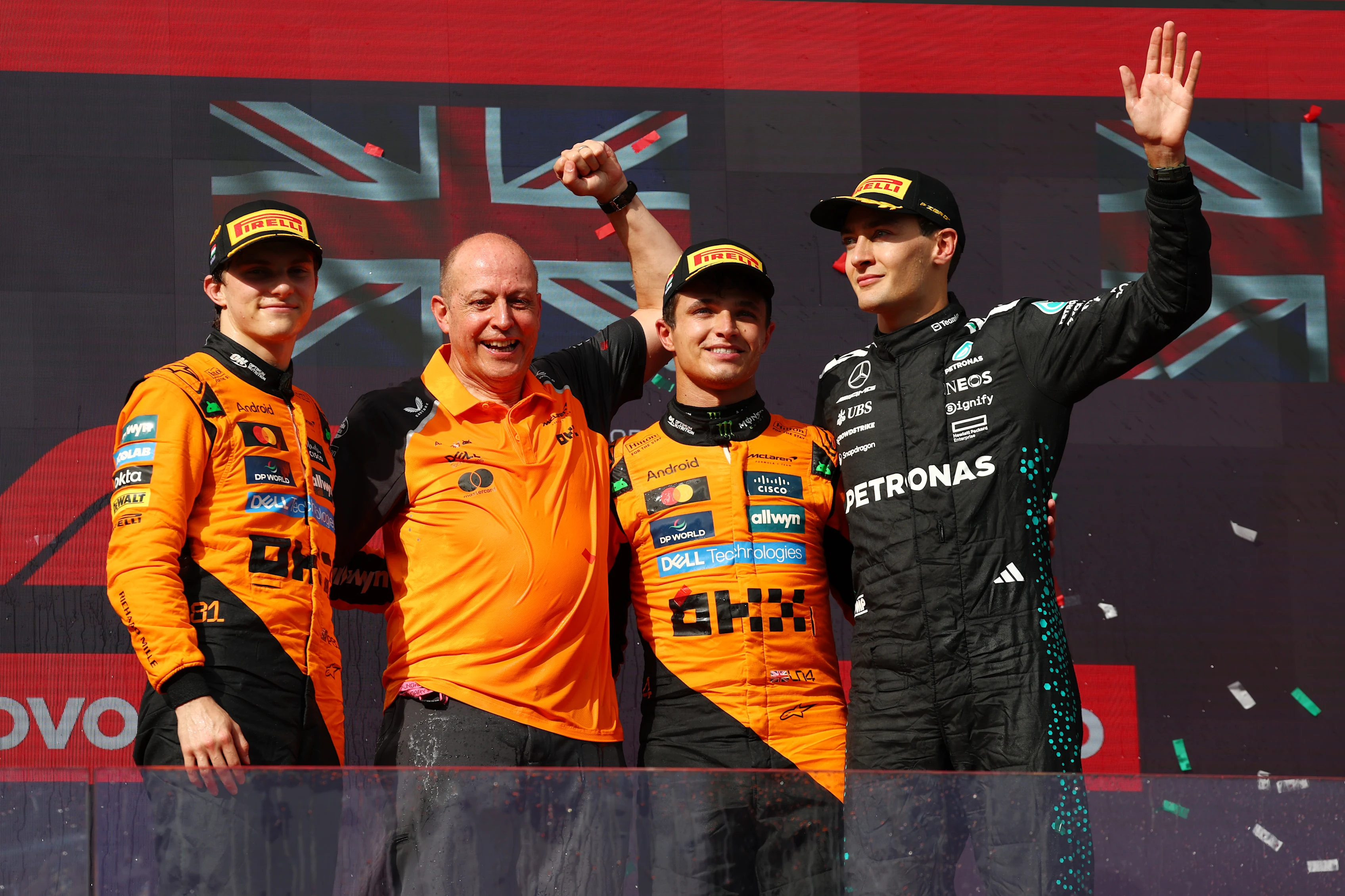 BUDAPEST, HUNGARY - AUGUST 03: Race winner Lando Norris of Great Britain and McLaren Second placed
