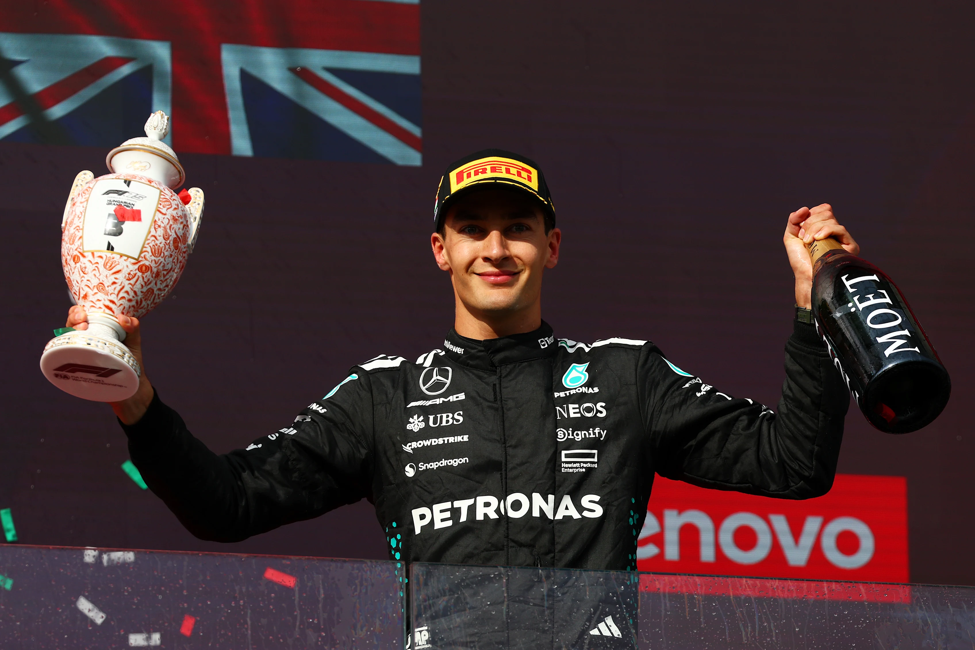 BUDAPEST, HUNGARY - AUGUST 03: Third placed George Russell of Great Britain and Mercedes AMG