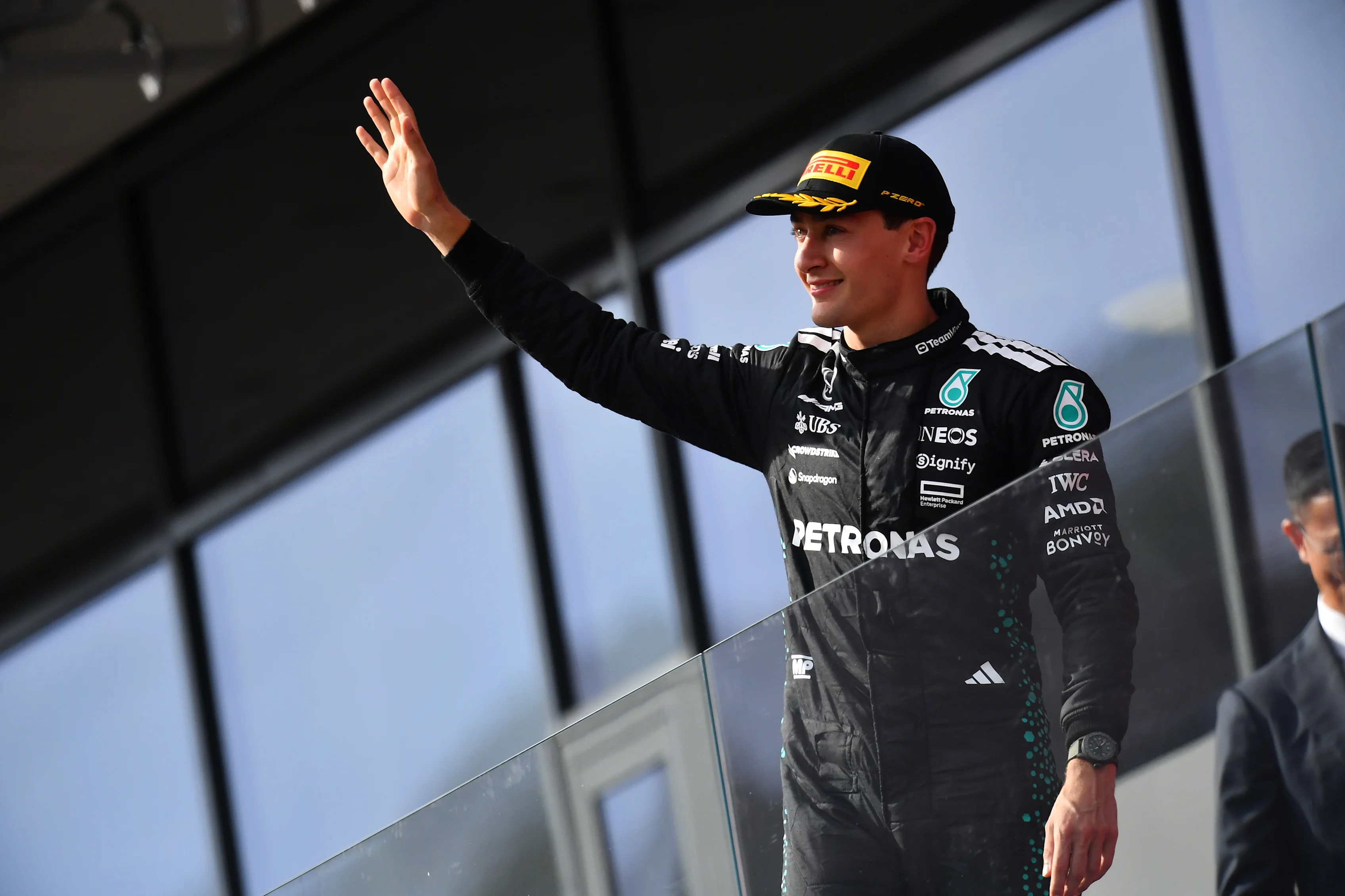 BUDAPEST, HUNGARY - AUGUST 03: Third placed George Russell of Great Britain and Mercedes AMG