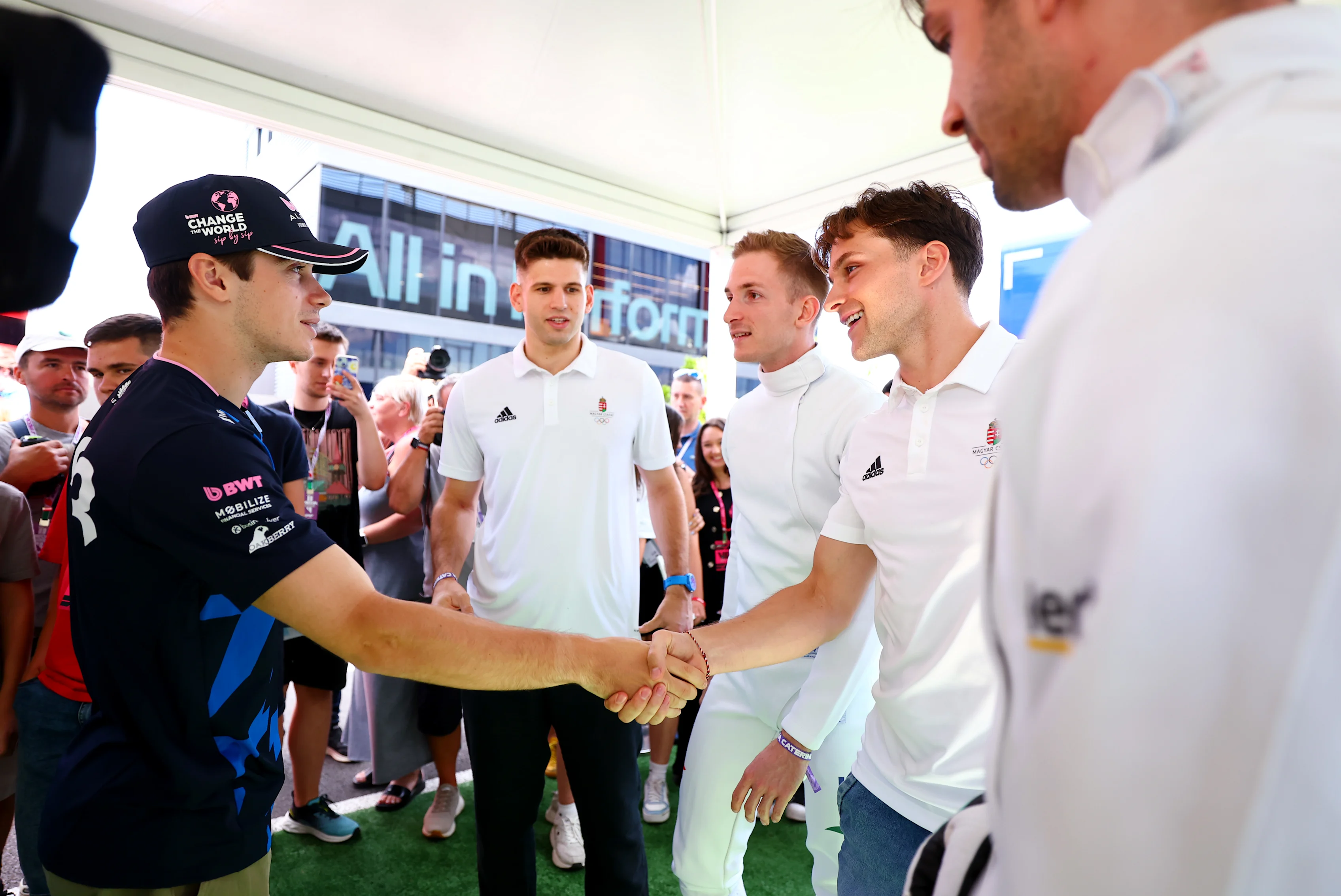 BUDAPEST, HUNGARY - JULY 31: Franco Colapinto of Argentina and Alpine F1 meets Gergely Siklósi,
