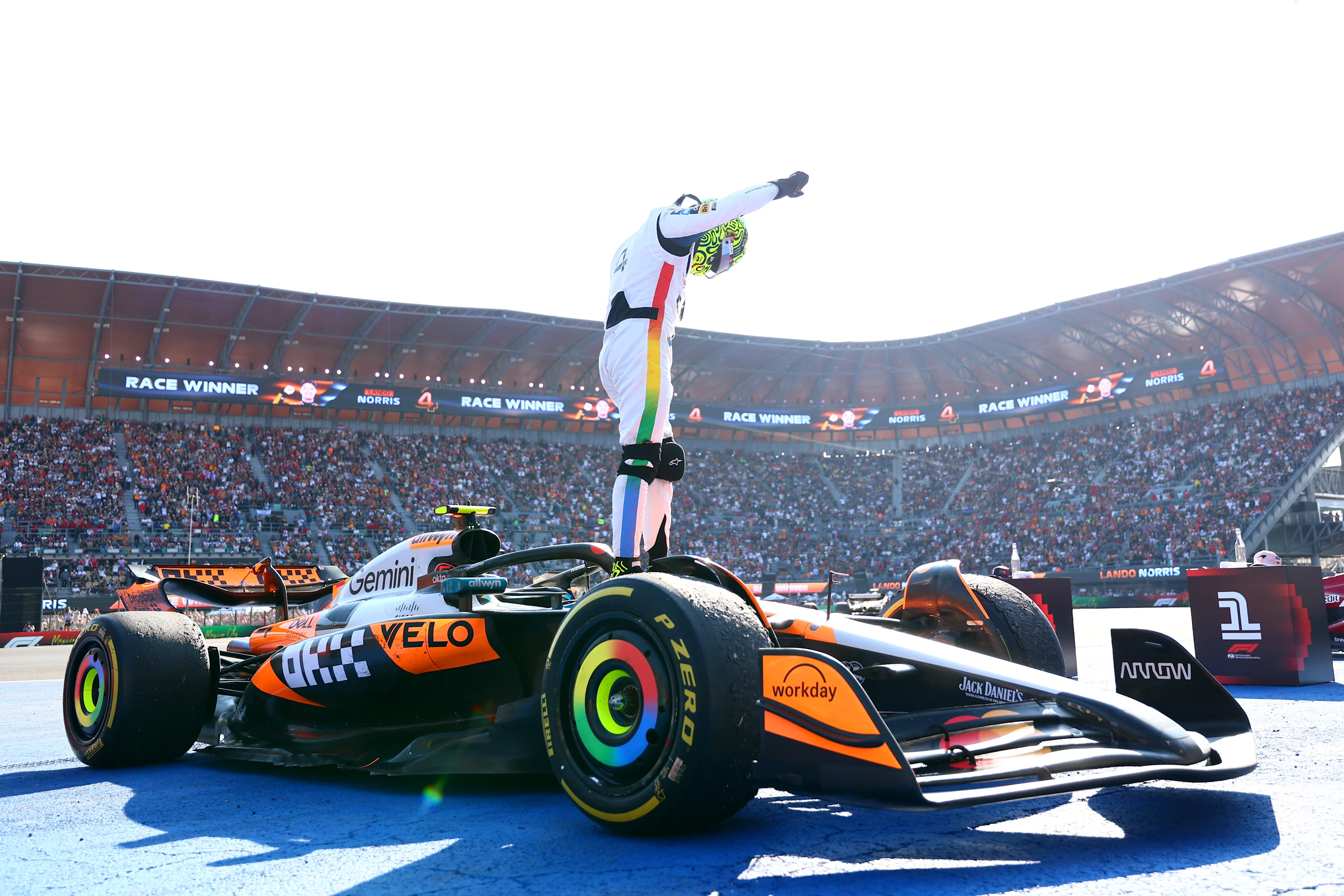 MEXICO CITY, MEXICO - OCTOBER 26: Race winner Lando Norris of Great Britain and McLaren arrives in