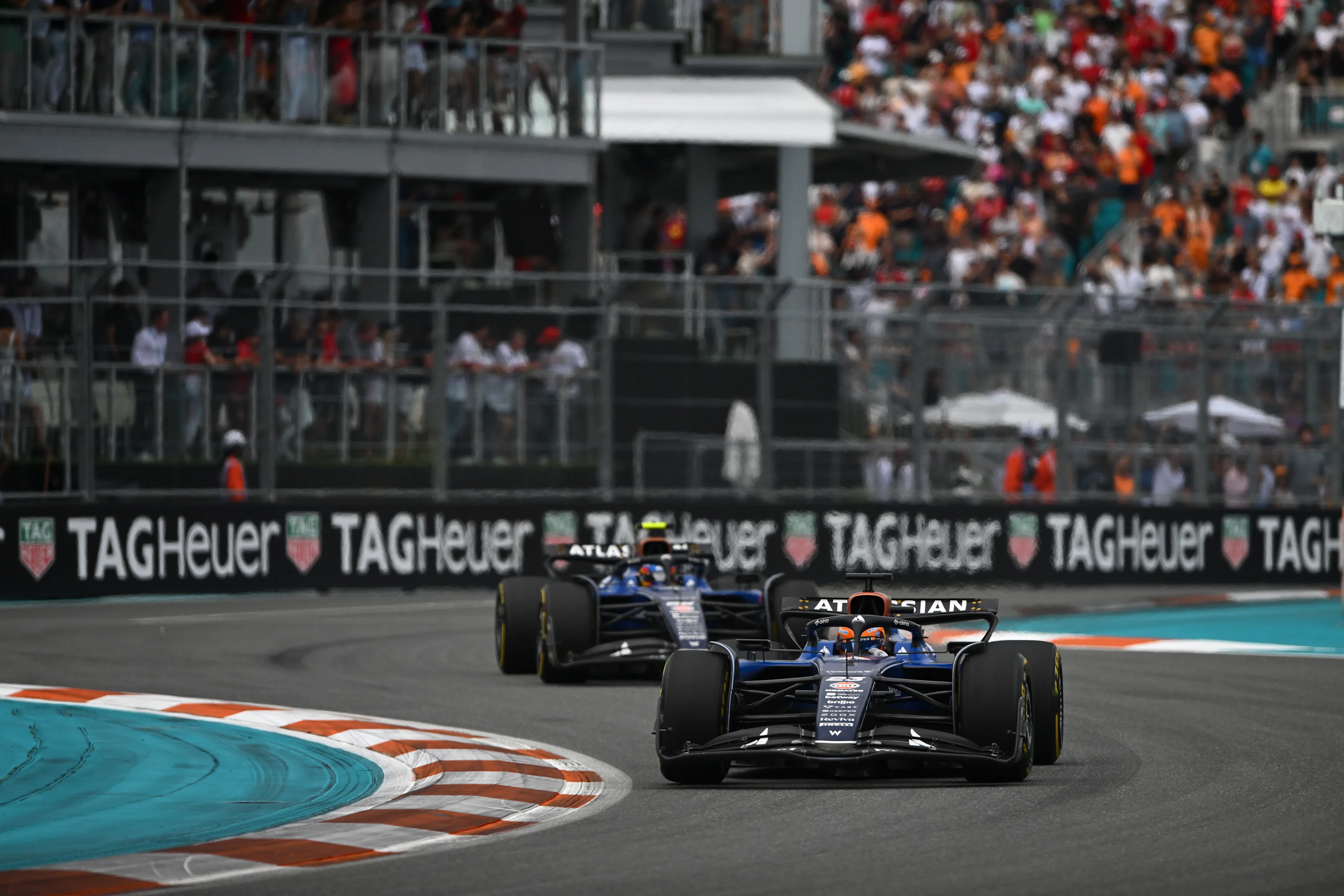 MIAMI, FLORIDA - MAY 04: Alexander Albon of Thailand driving the (23) Williams FW47 Mercedes leads