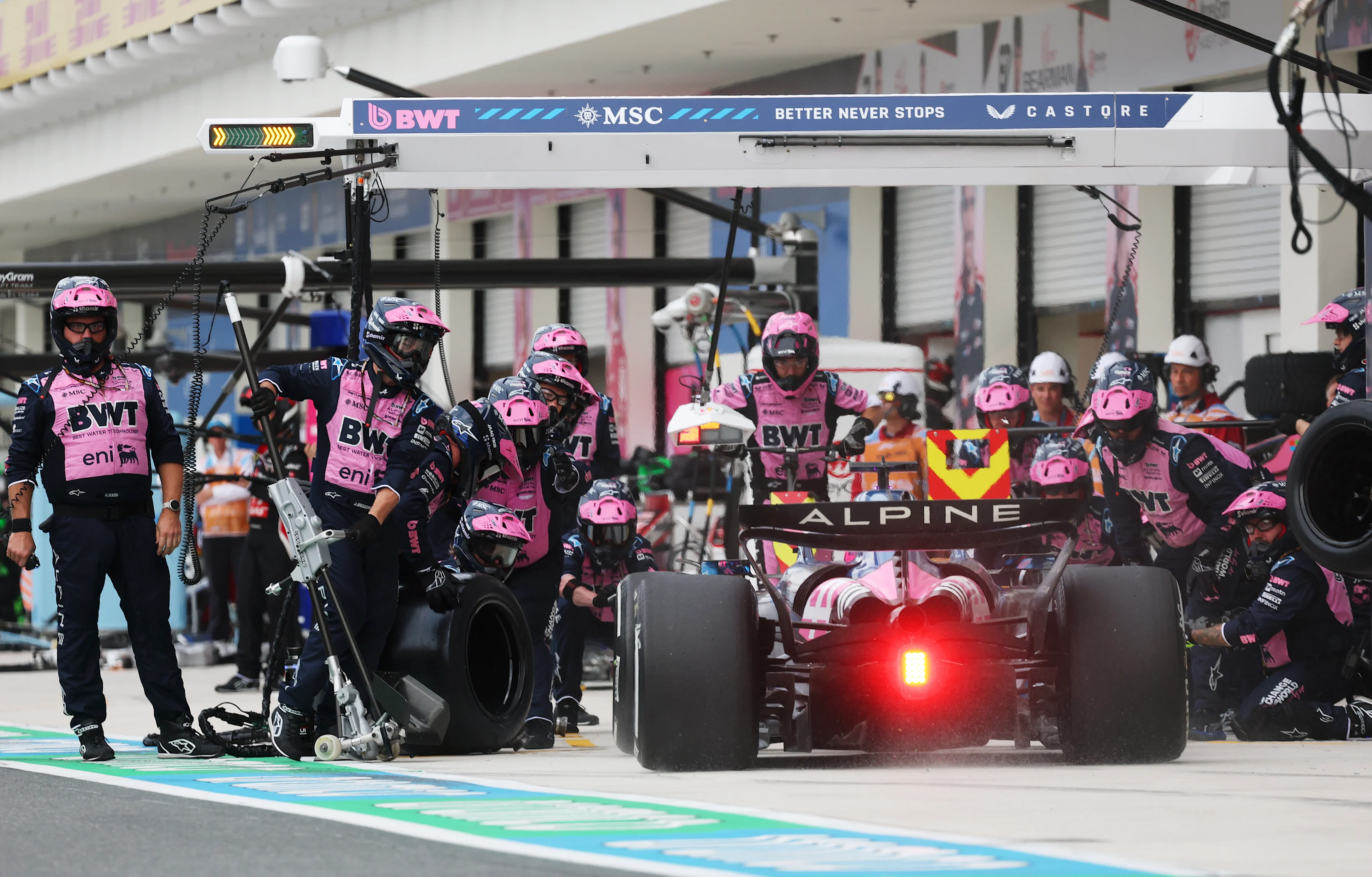MIAMI, FLORIDA - MAY 04: Pierre Gasly of France driving the (10) Alpine F1 A525 Renault makes a pitstop during the F1 Grand Prix of Miami at Miami International Autodrome on May 04, 2025 in Miami, Florida. (Photo by Mark Thompson/Getty Images)