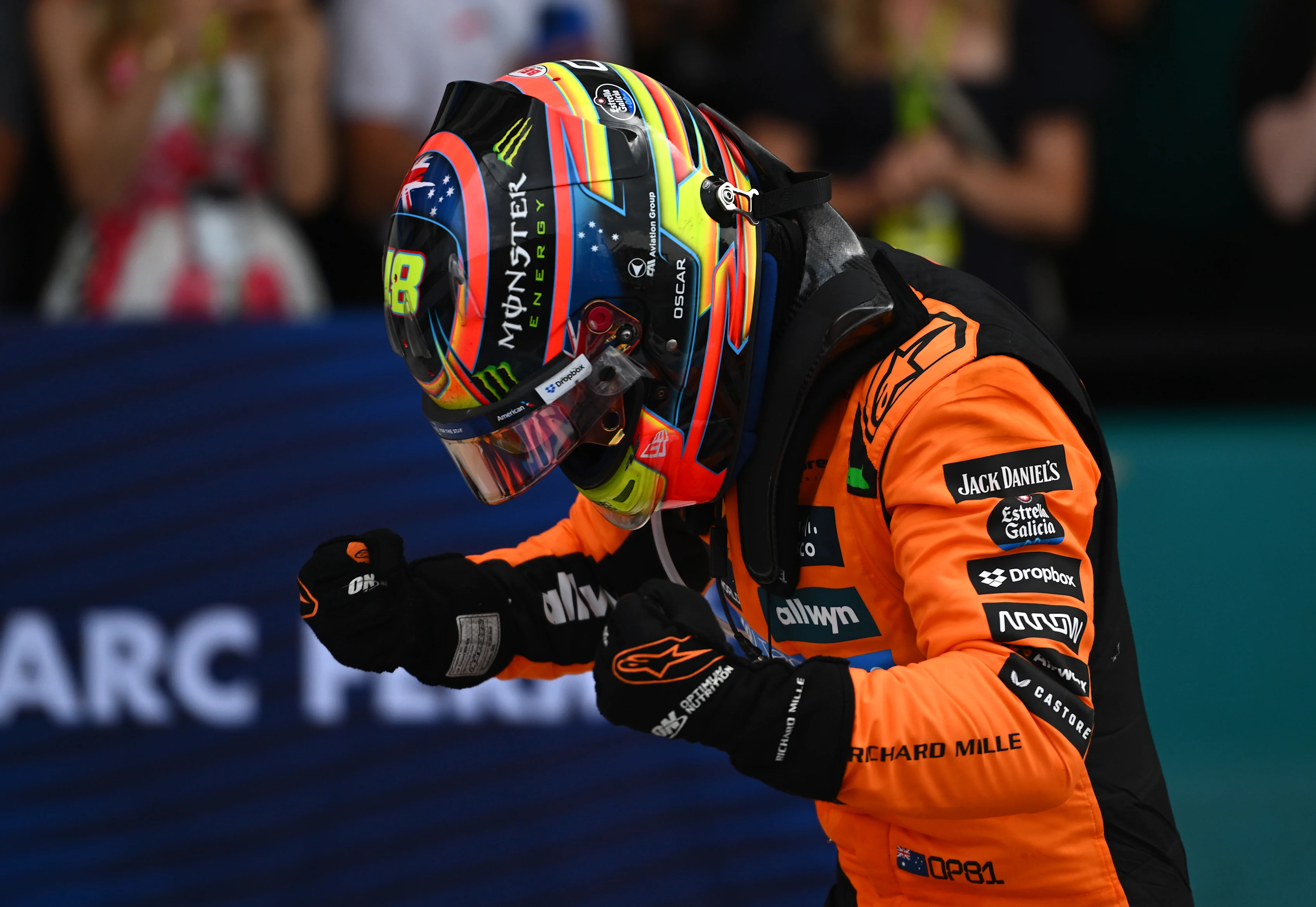 MIAMI, FLORIDA - MAY 04: Race winner Oscar Piastri of Australia and McLaren celebrates in parc