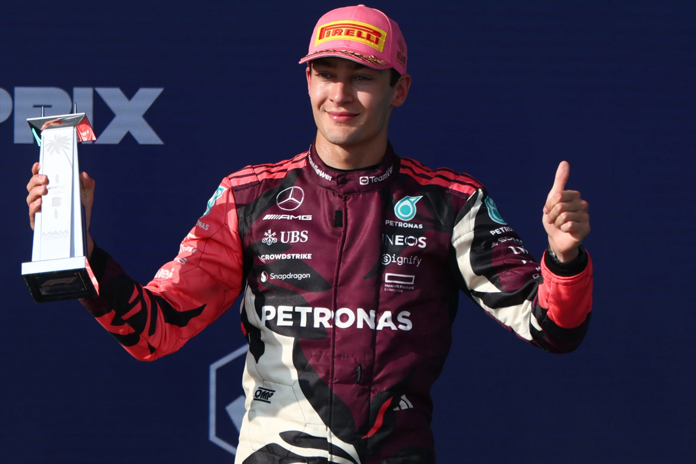 MIAMI, FLORIDA - MAY 04: Third placed George Russell of Great Britain and Mercedes AMG Petronas F1